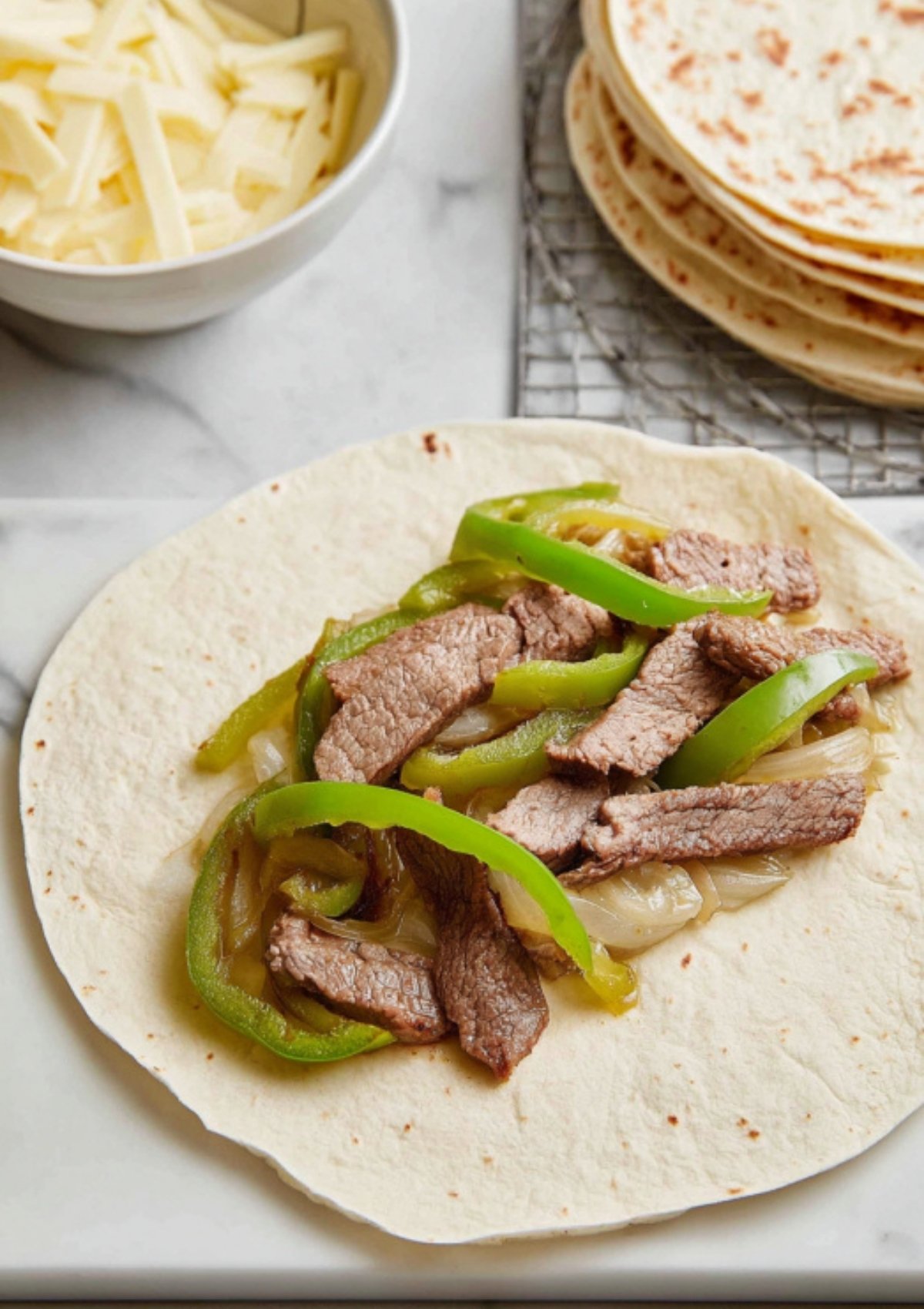 Flour tortilla topped with cooked steak strips, sautéed green bell peppers, and onions, ready to be finished for Philly cheesesteak wraps.