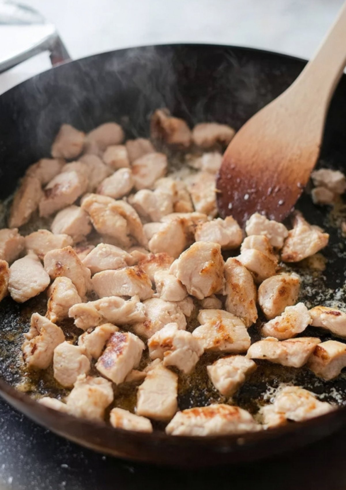 Diced chicken breast cooking in a skillet as the protein base for homemade chicken fried rice.