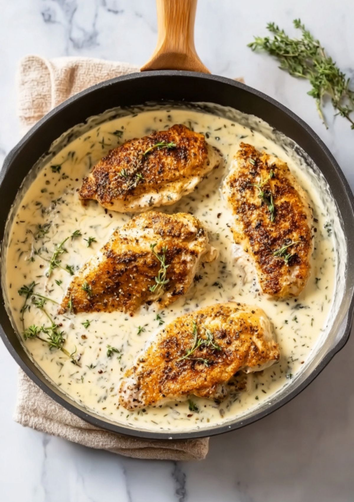 Seared chicken breasts simmering in a creamy ranch herb sauce, perfect for skillet chicken bake and weeknight dinner inspiration.