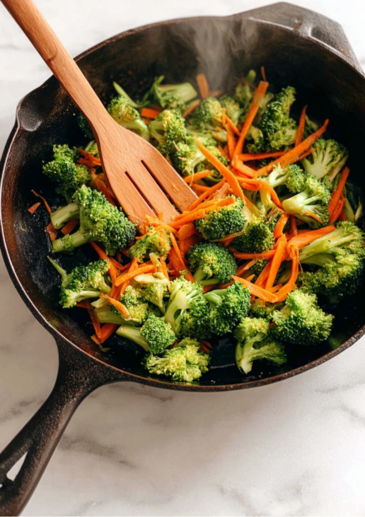 Broccoli florets and julienned carrots sautéing in a skillet with a wooden spatula—easy veggie stir-fry base for vegetarian dinners and weeknight meals.