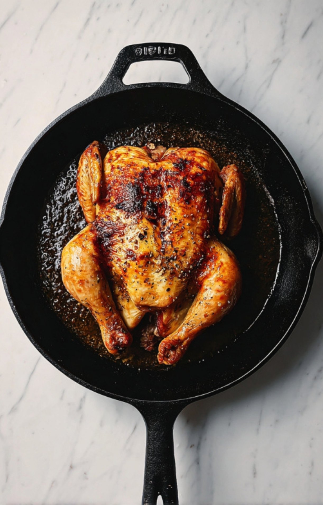 Whole roast chicken in cast iron skillet with golden crispy skin, perfect for Sunday dinner or meal prep