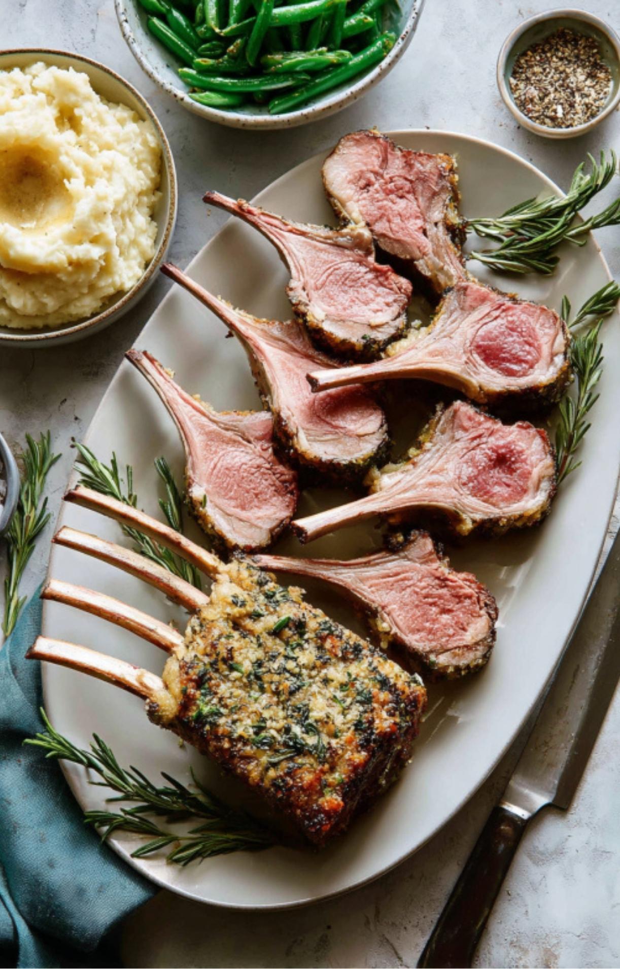 Large serving platter with sliced rack of lamb, a whole herb-crusted lamb rack, mashed potatoes, and green beans.