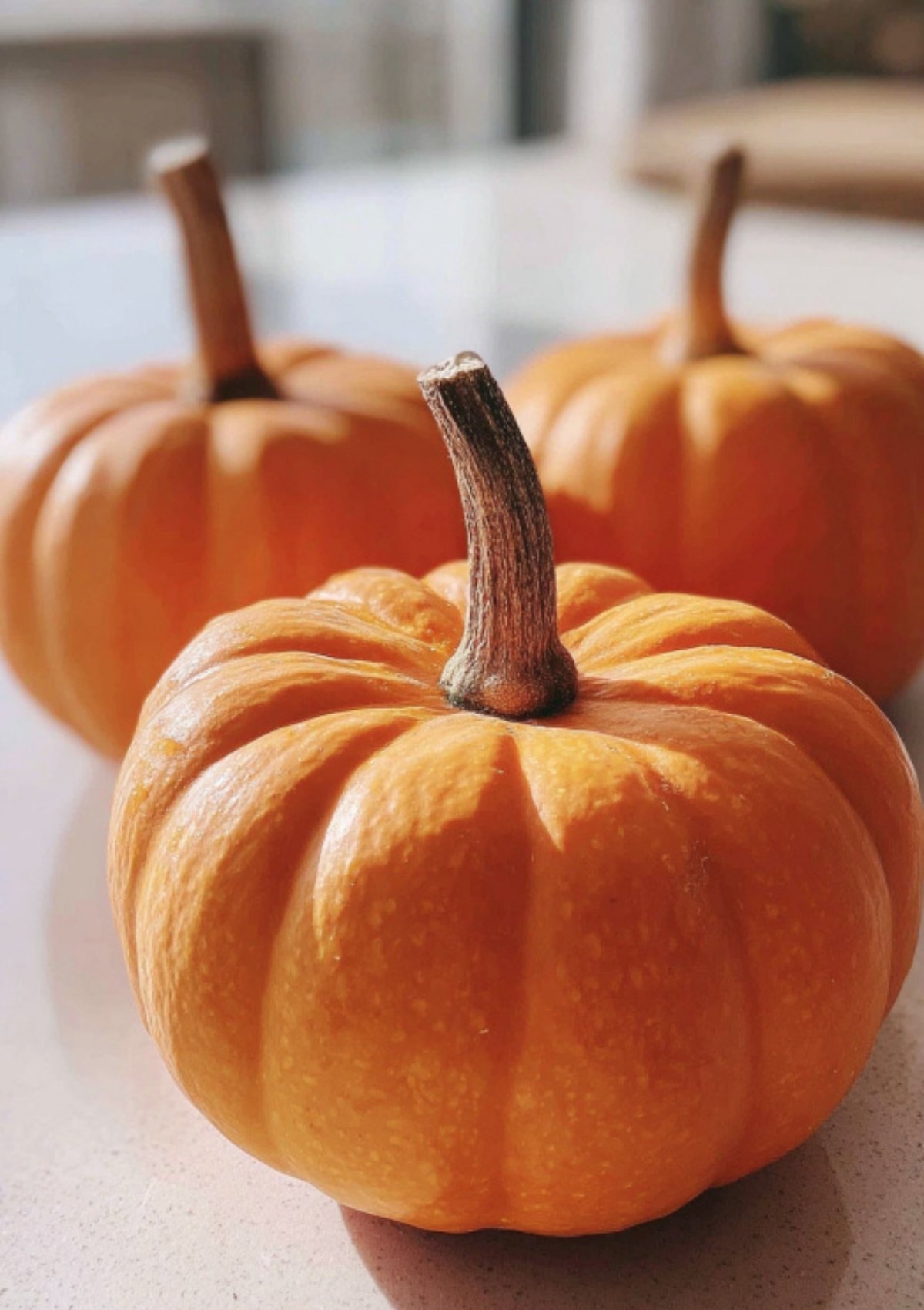 Three small orange pie pumpkins with stems, sitting on a countertop, great for roasting or baking seasonal dishes.