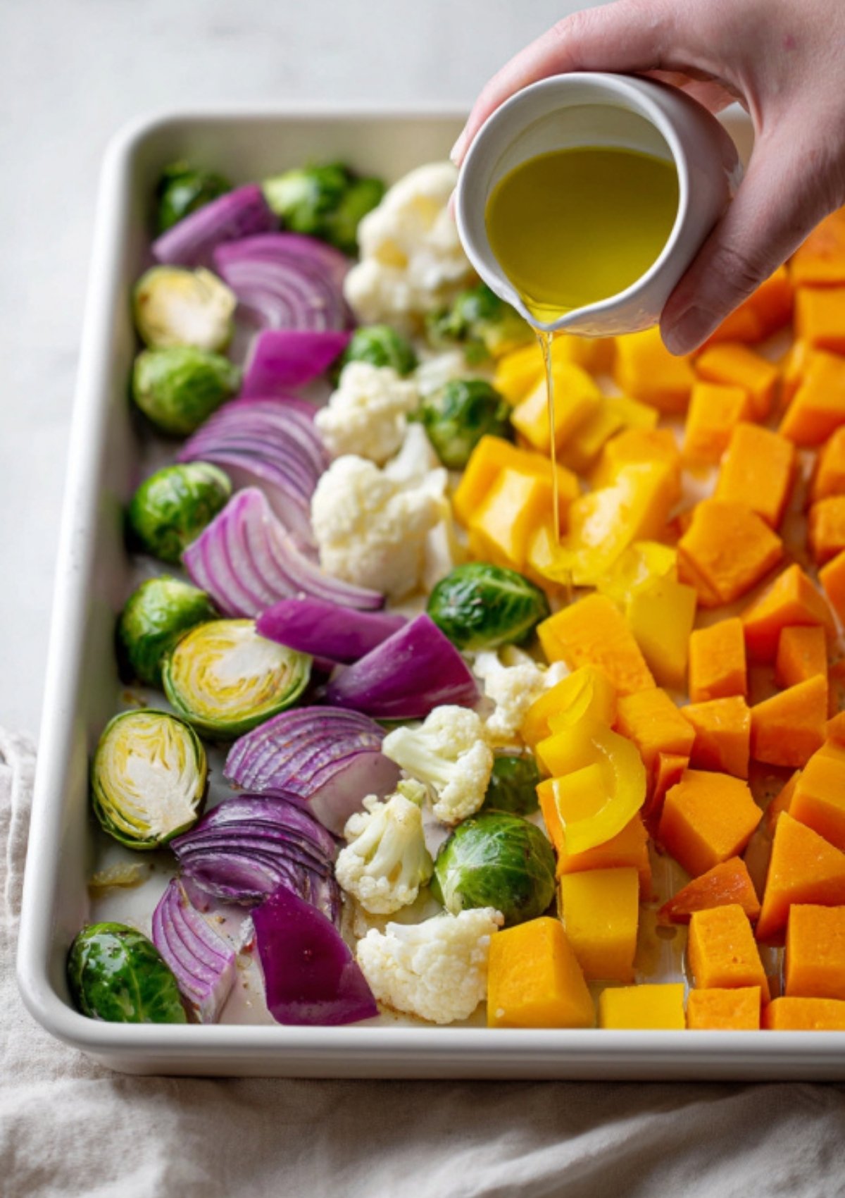 Hand pouring olive oil over rows of chopped butternut squash, bell pepper, red onion, brussels sprouts, and cauliflower on a sheet pan before roasting.