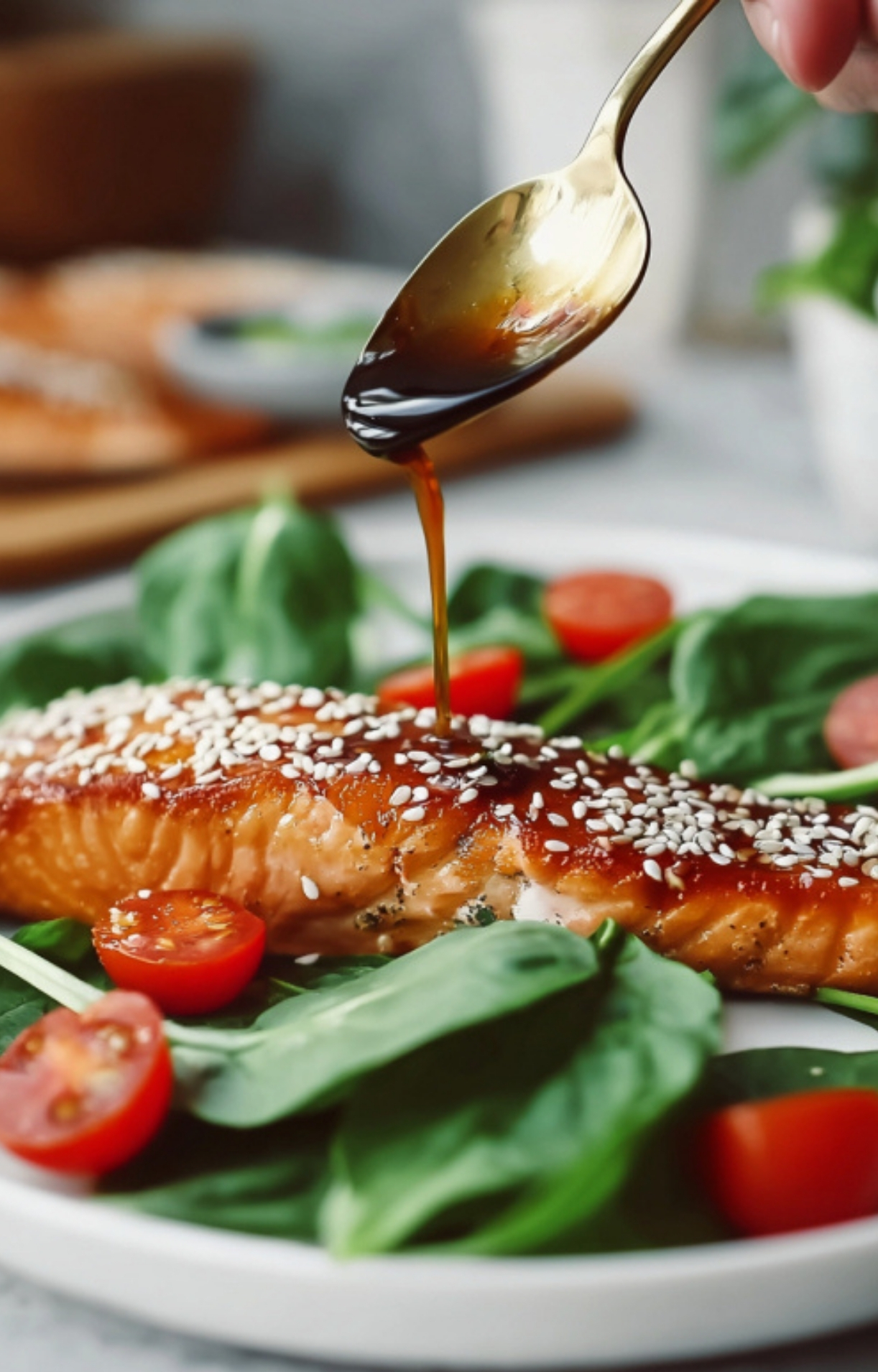 Close-up of a hand spooning glossy maple-soy sauce over baked salmon fillet topped with sesame seeds and served with cherry tomatoes and spinach.
