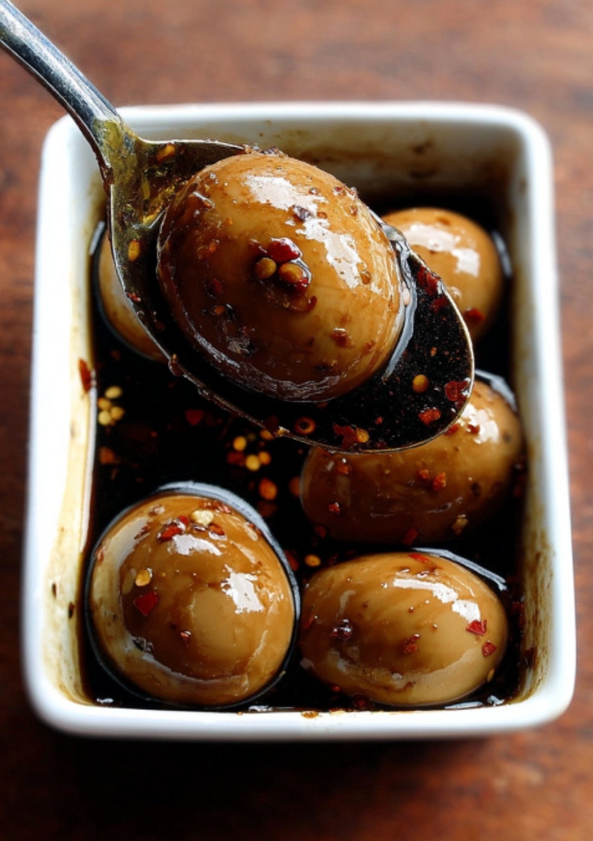 A spoon lifting a glossy, soy-marinated egg from a dish filled with dark, spicy marinade and chili flakes.
