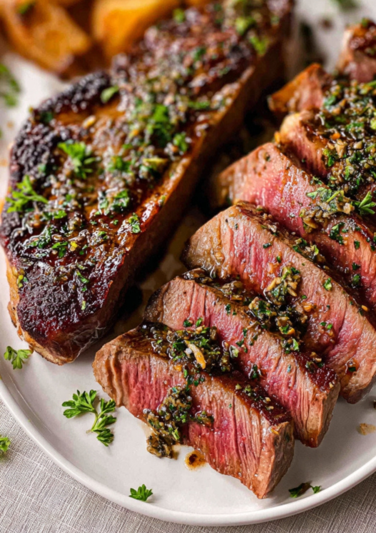 Sliced garlic butter sirloin steak on a plate with fresh herbs. Tender medium rare steak perfect for steak night, cast iron cooking, and easy beef recipes.