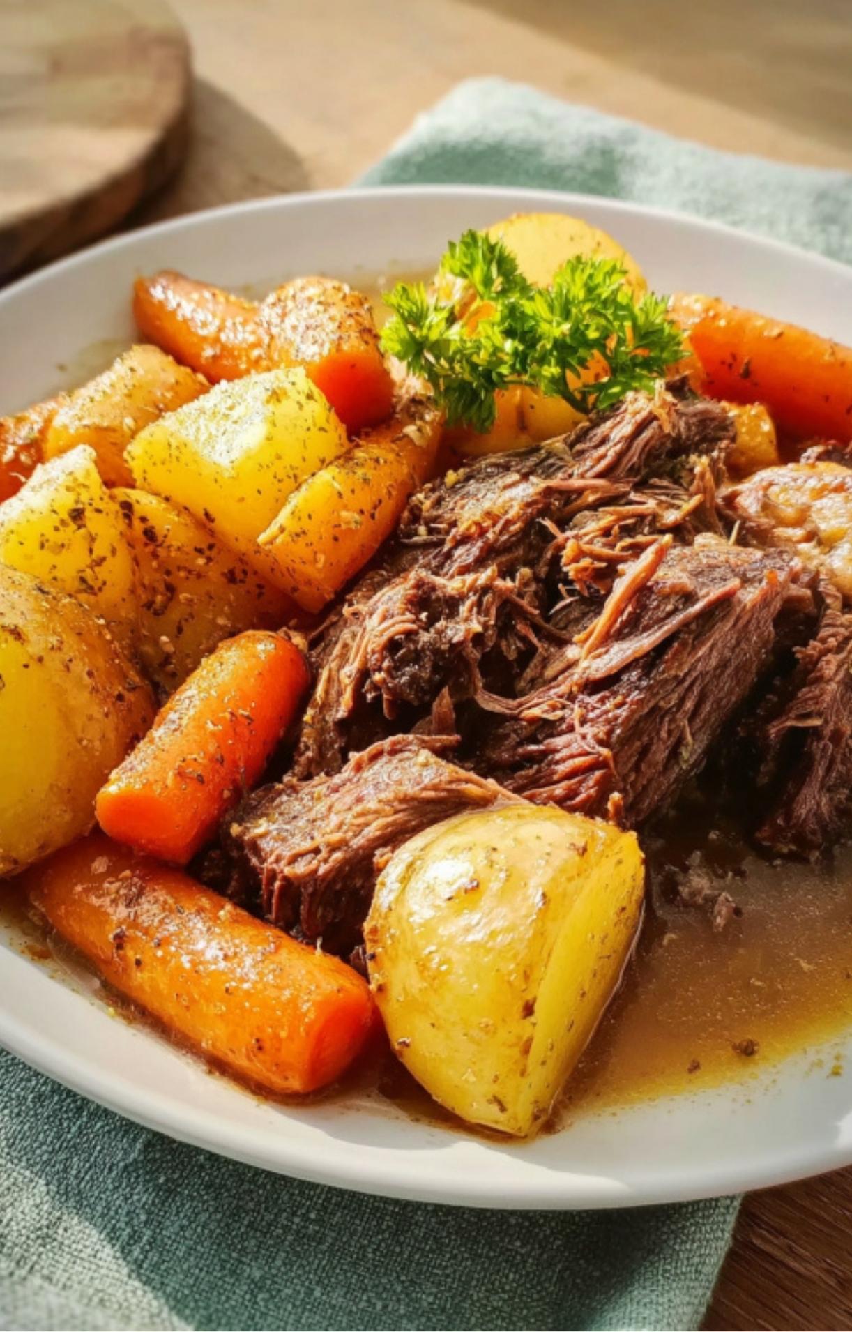 Plate of slow cooked pot roast, potatoes, and carrots, garnished with parsley for a comforting meal.