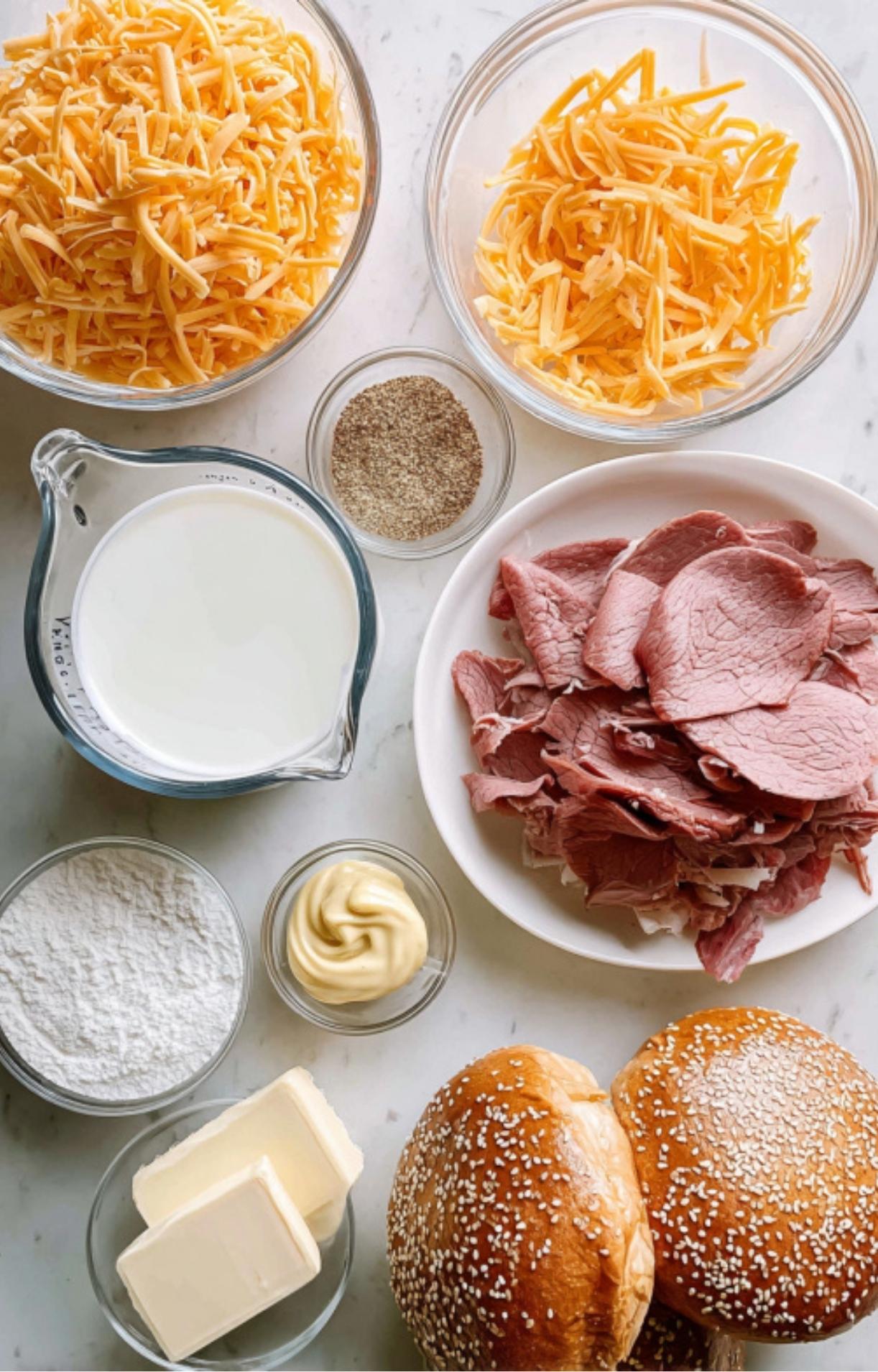 All ingredients for a roast beef sandwich with cheddar cheese sauce laid out: sliced beef, cheese, bread, butter, and seasonings