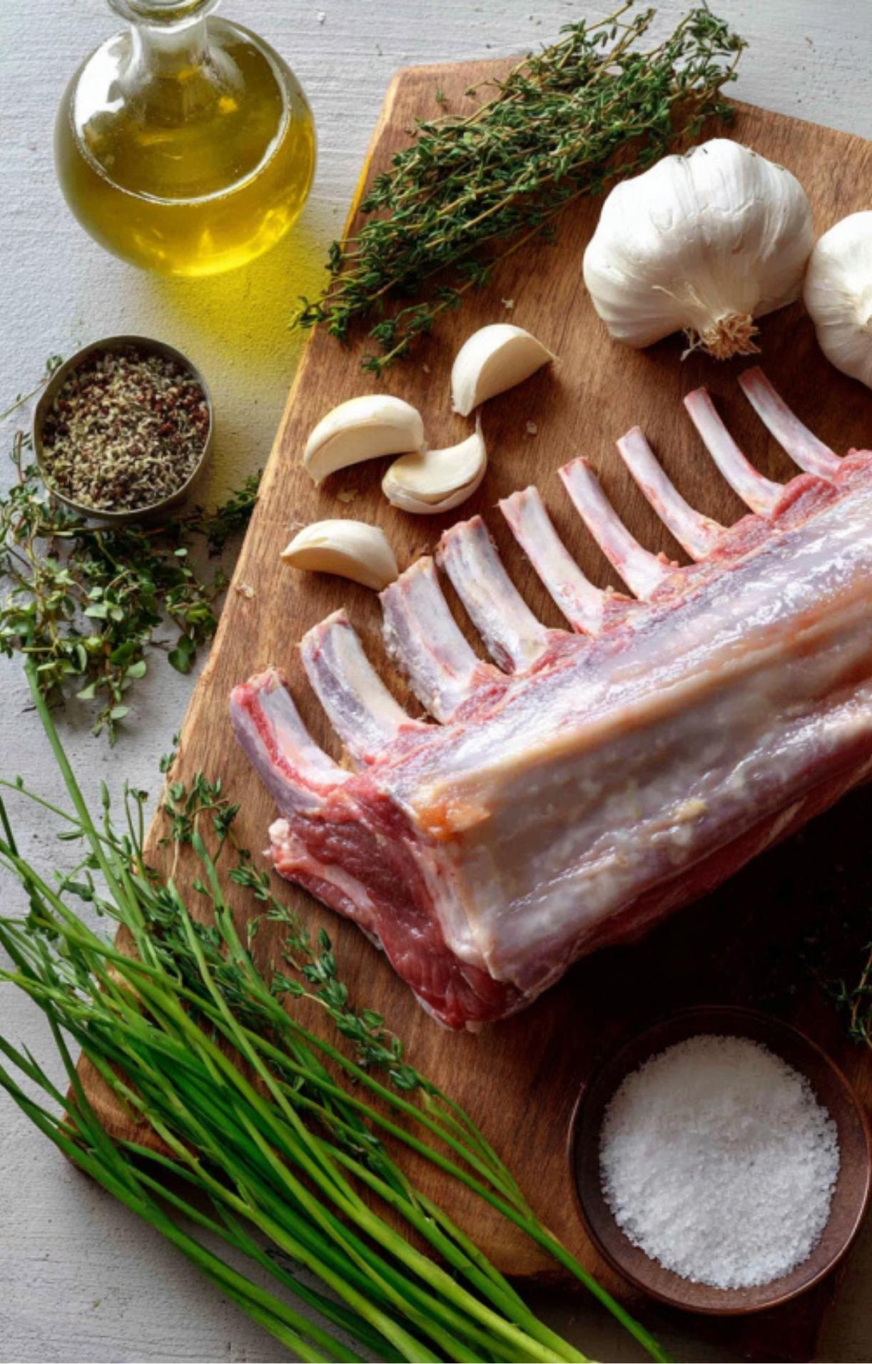 Raw rack of lamb on a wooden board with fresh herbs, garlic cloves, olive oil, and seasoning.