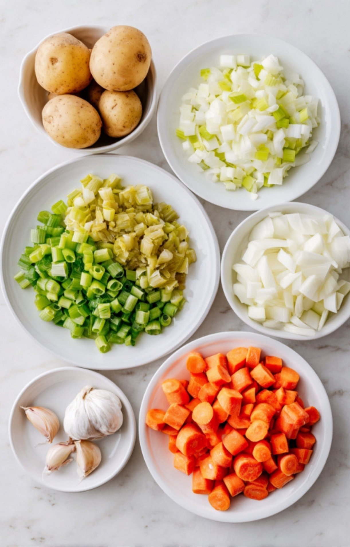 Plates of baby potatoes, carrots, celery, onions, leeks, and garlic prepped for cooking