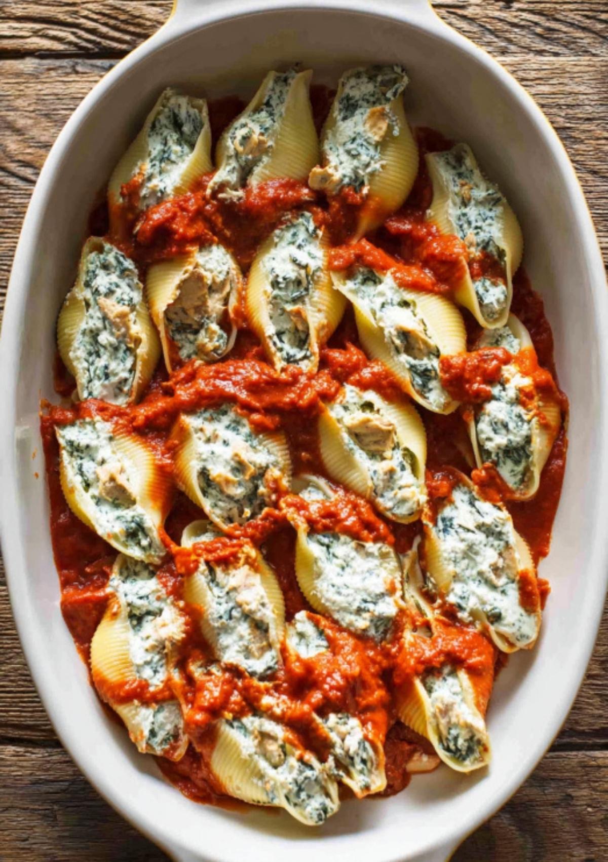 Unbaked stuffed shells filled with creamy chicken and spinach mixture, arranged over marinara sauce in a white baking dish.