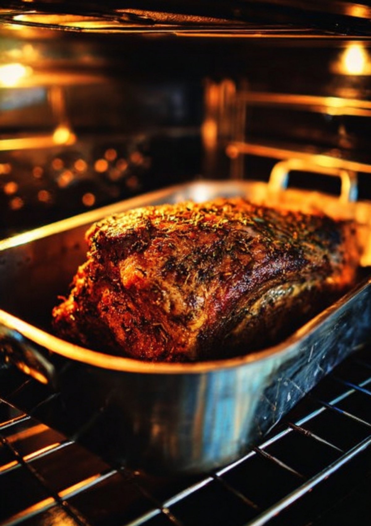Prime rib roast baking in the oven with a golden herb crust in a roasting pan, classic holiday dinner