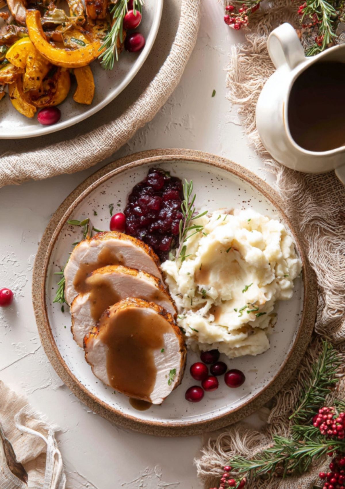 Plate of Butterball turkey breast slices with mashed potatoes, gravy, and cranberry sauce.