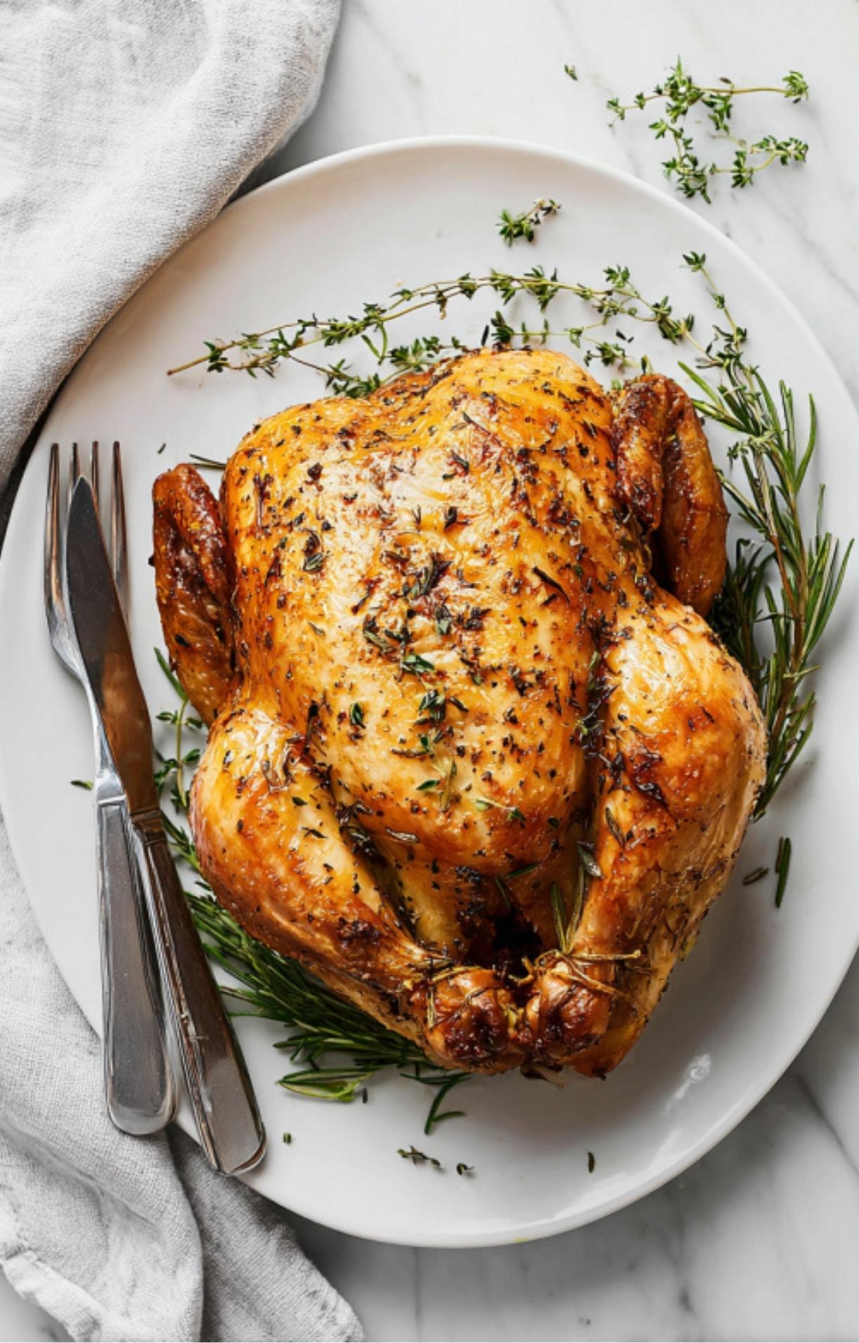 Golden roast chicken on white plate garnished with rosemary and thyme, ready to serve with knife and fork