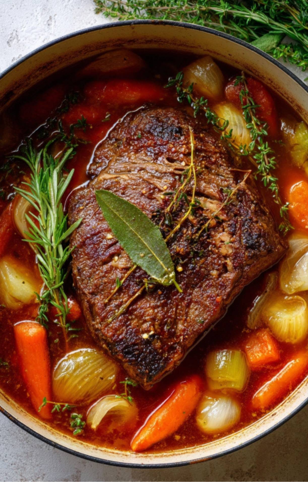 Fork-tender beef roast with carrots, celery, and rich tomato broth, garnished with fresh thyme for a comforting oven-baked meal.