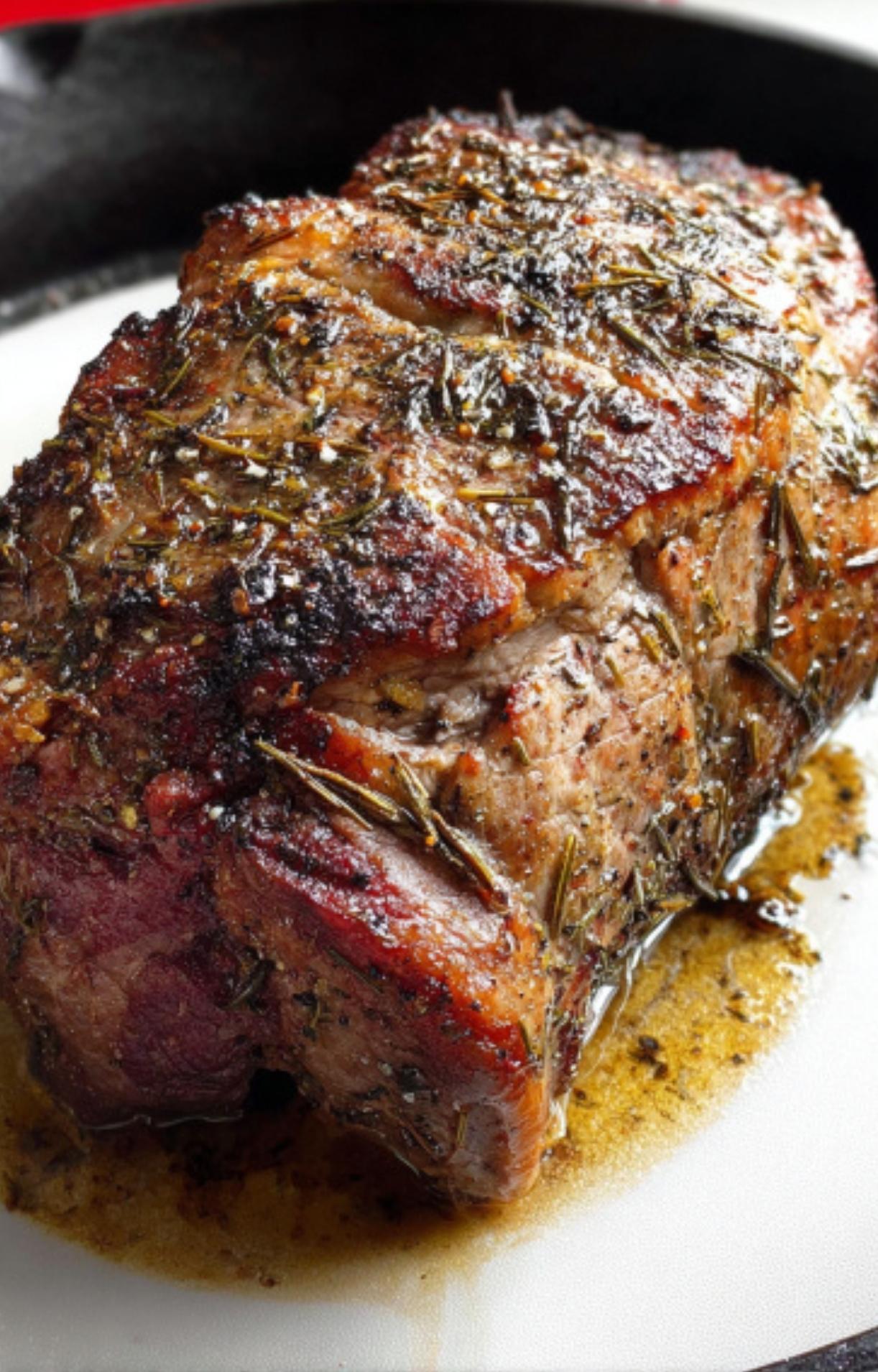 Sirloin tip roast seared and roasted in a skillet, infused with herbs and ready to slice