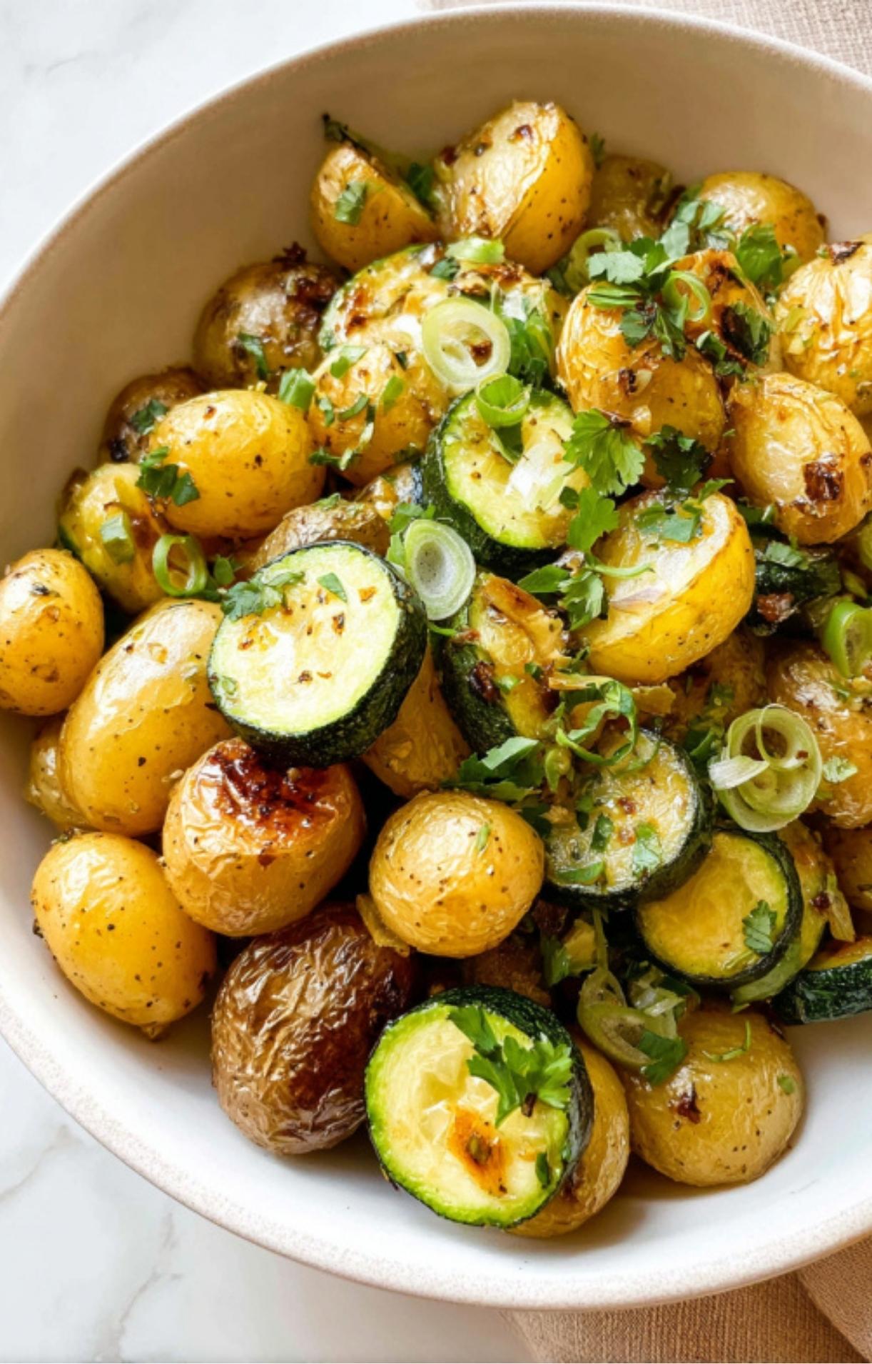 Bowl of golden roasted baby potatoes and caramelized zucchini, topped with chopped parsley and green onions for a vibrant holiday side dish.