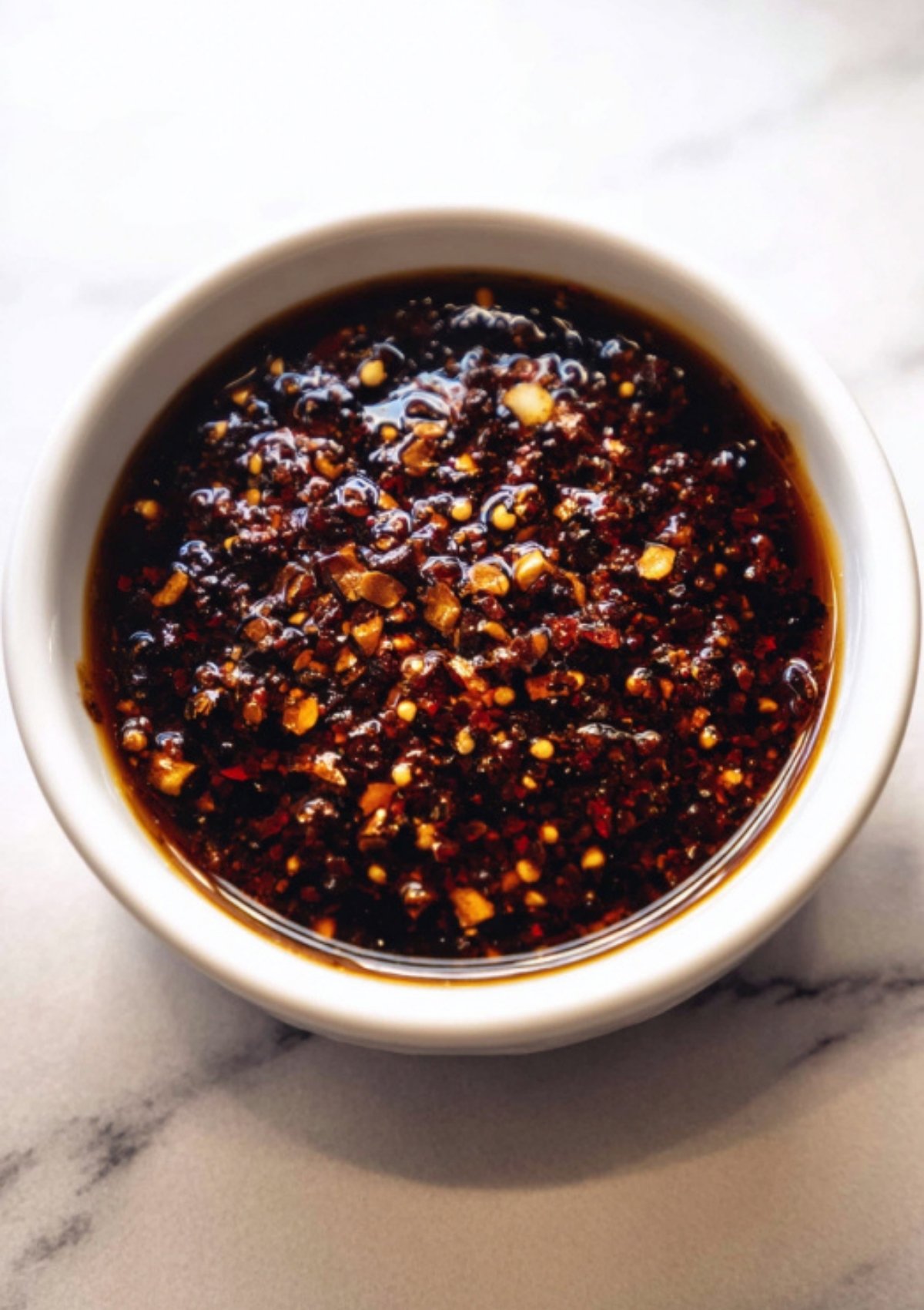 Close-up of chunky sesame sauce with lots of garlic and chili in a white bowl.