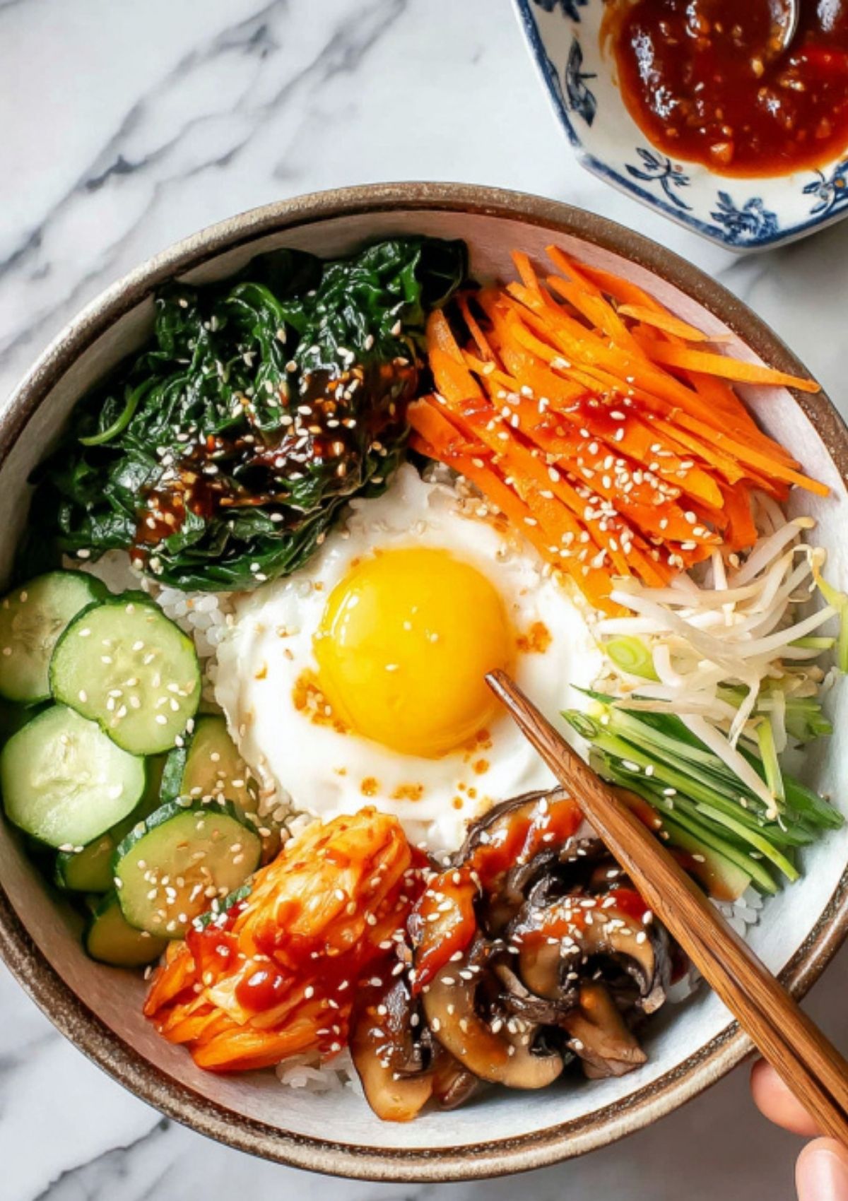 Overhead view of colorful bibimbap bowl with fried egg, vegetables, and gochujang sauce