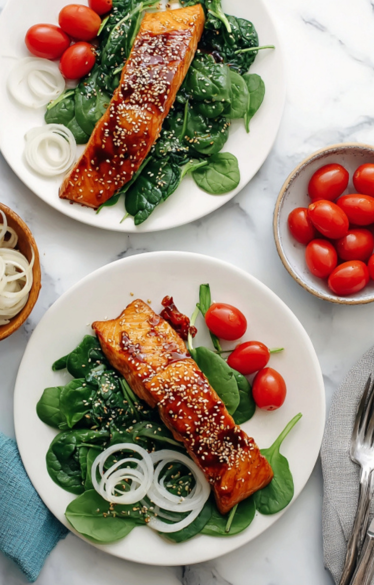 Baked salmon fillets glazed with a sweet and savory maple-soy sauce, served on fresh spinach with cherry tomatoes and onions.