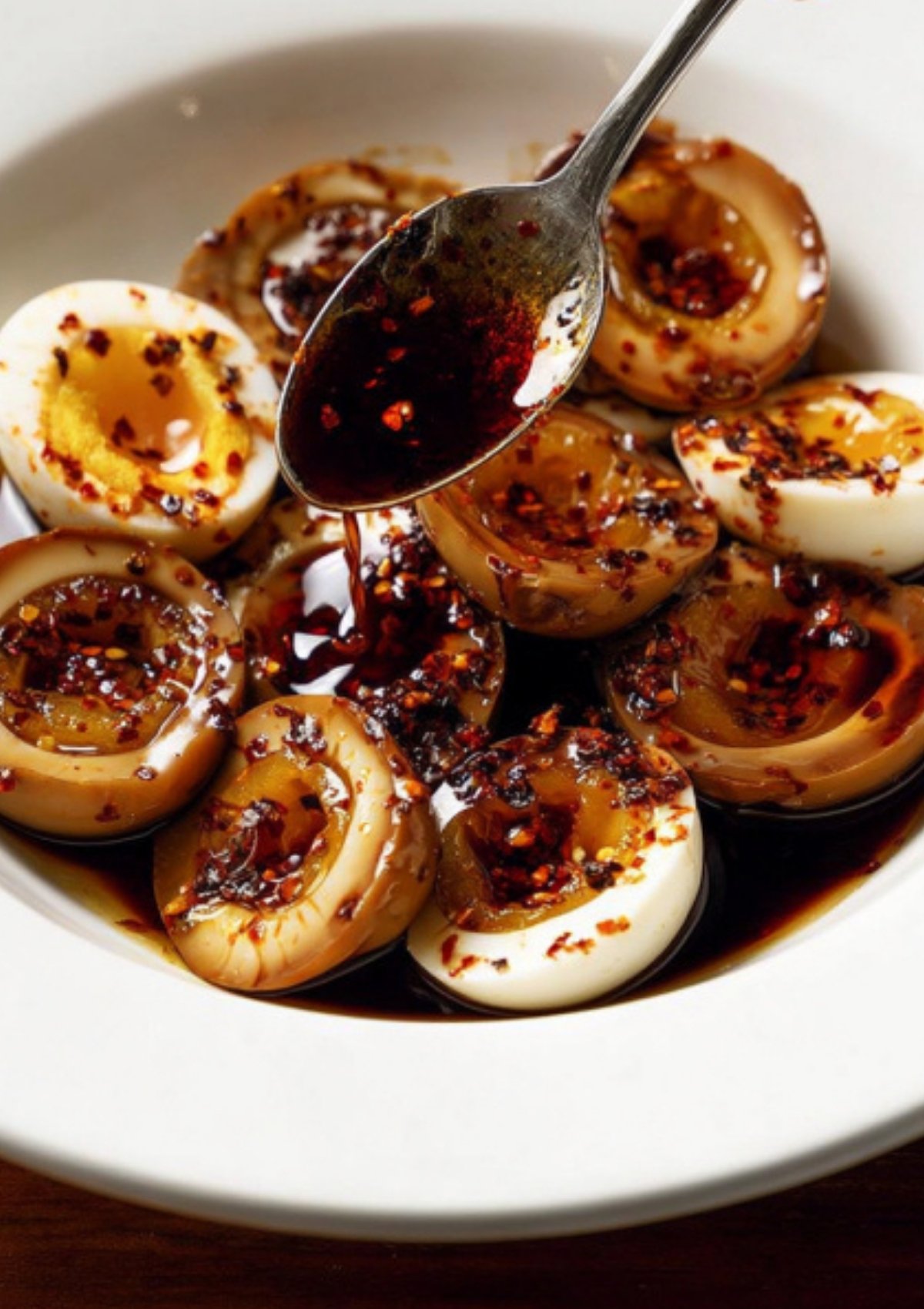 Sliced marinated eggs in a white bowl, drizzled with spicy chili oil and surrounded by a dark soy marinade.