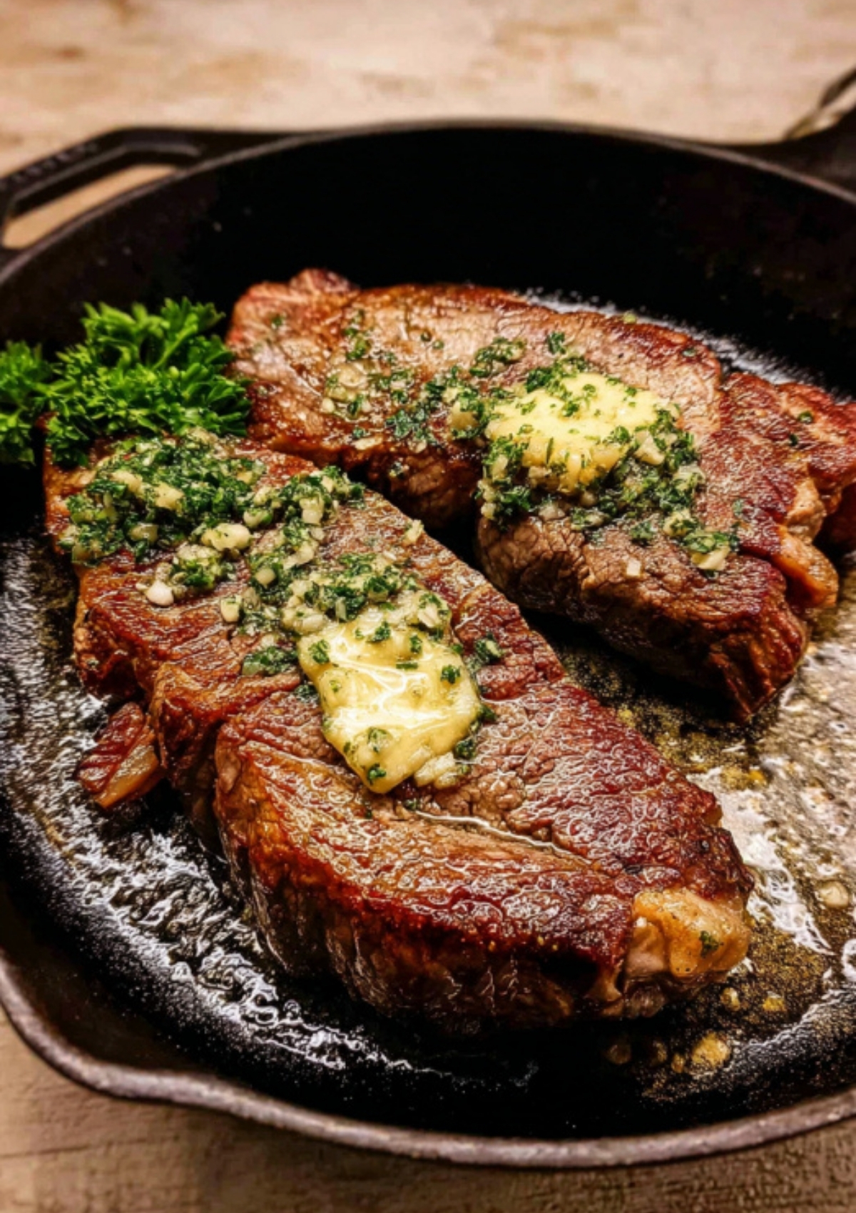 Two sirloin steaks sizzling in a cast iron skillet topped with garlic herb butter. Great for steak night, home cooking, and rich beef recipes.