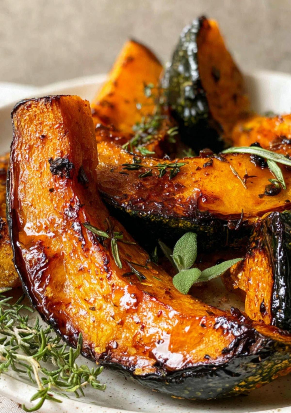 Close-up of golden brown roasted pumpkin wedges with crispy, caramelized edges, topped with fresh thyme and sage.