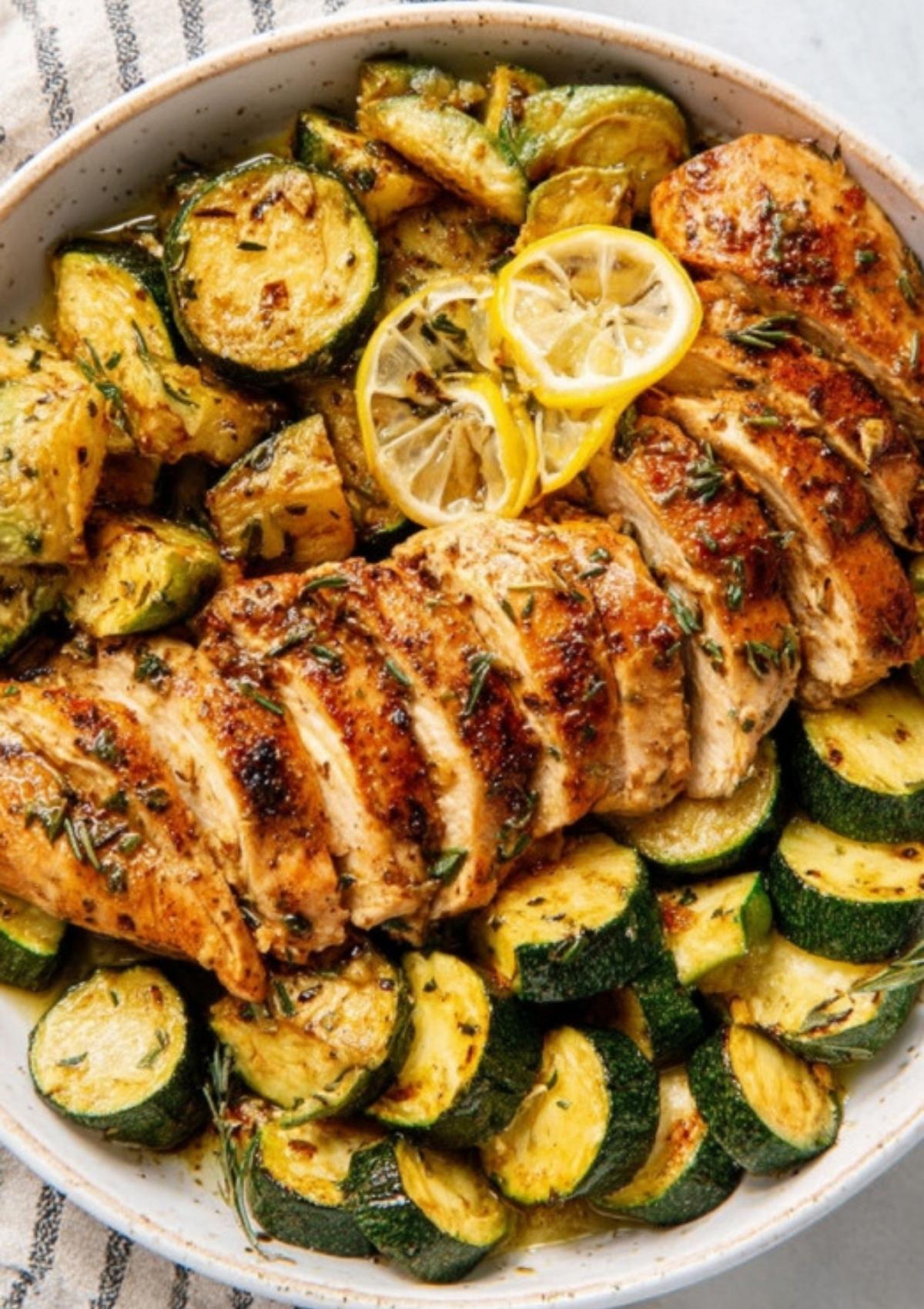 Sliced lemon herb chicken breast served with roasted zucchini rounds and lemon slices in a bowl.