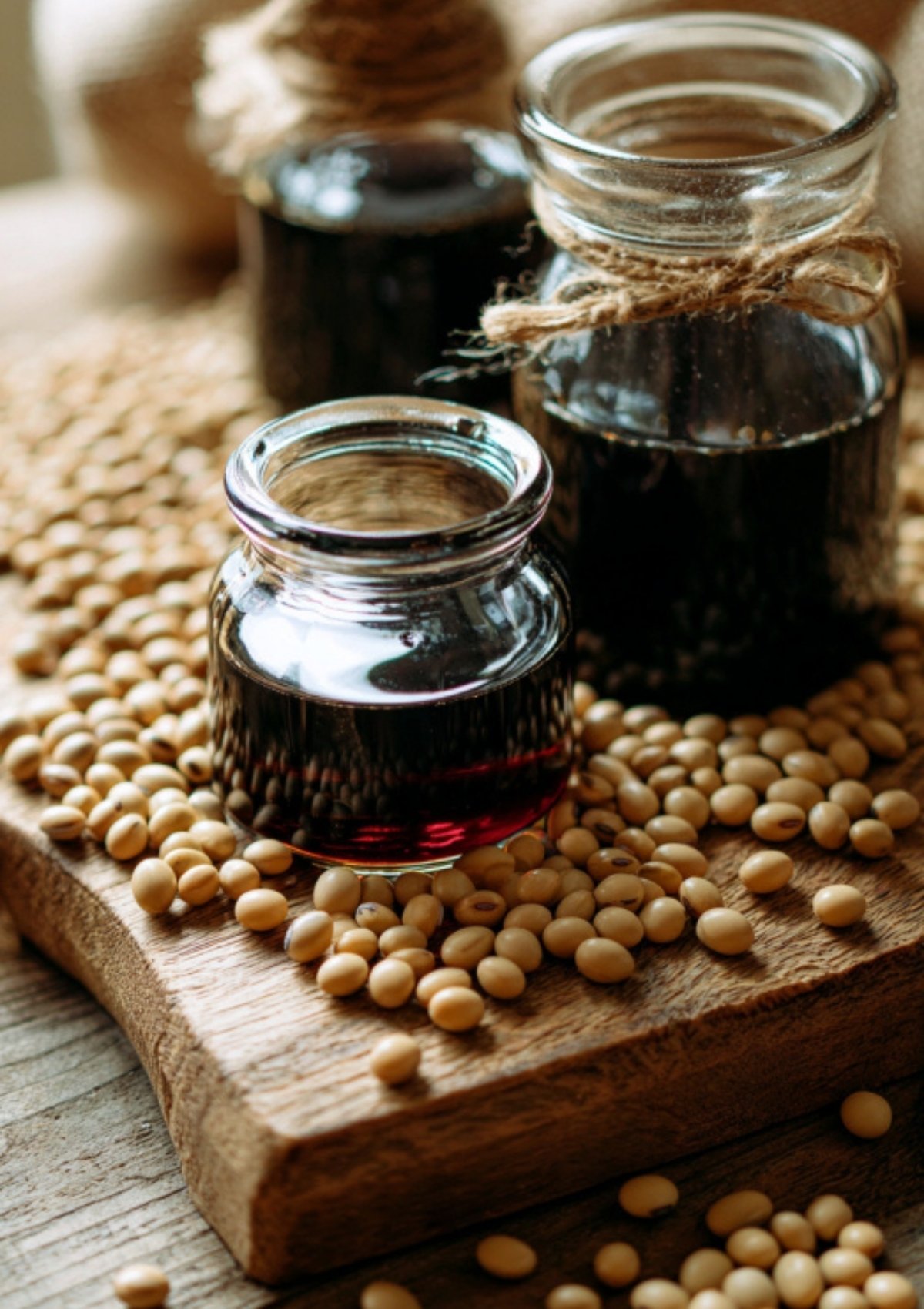 Close-up of glass jars filled with homemade soy sauce and surrounded by soybeans, highlighting the traditional Korean fermentation method.