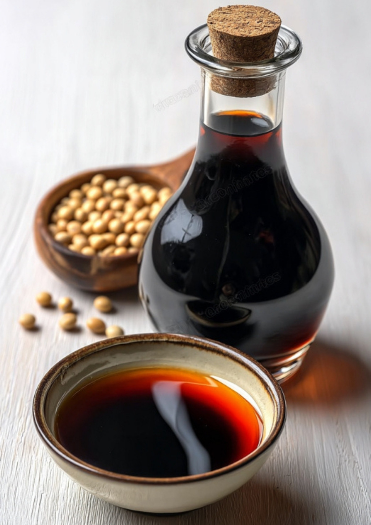 A glass bottle filled with dark homemade soy sauce sits beside a small bowl of soy sauce and a wooden bowl of soybeans, all on a light wooden table.