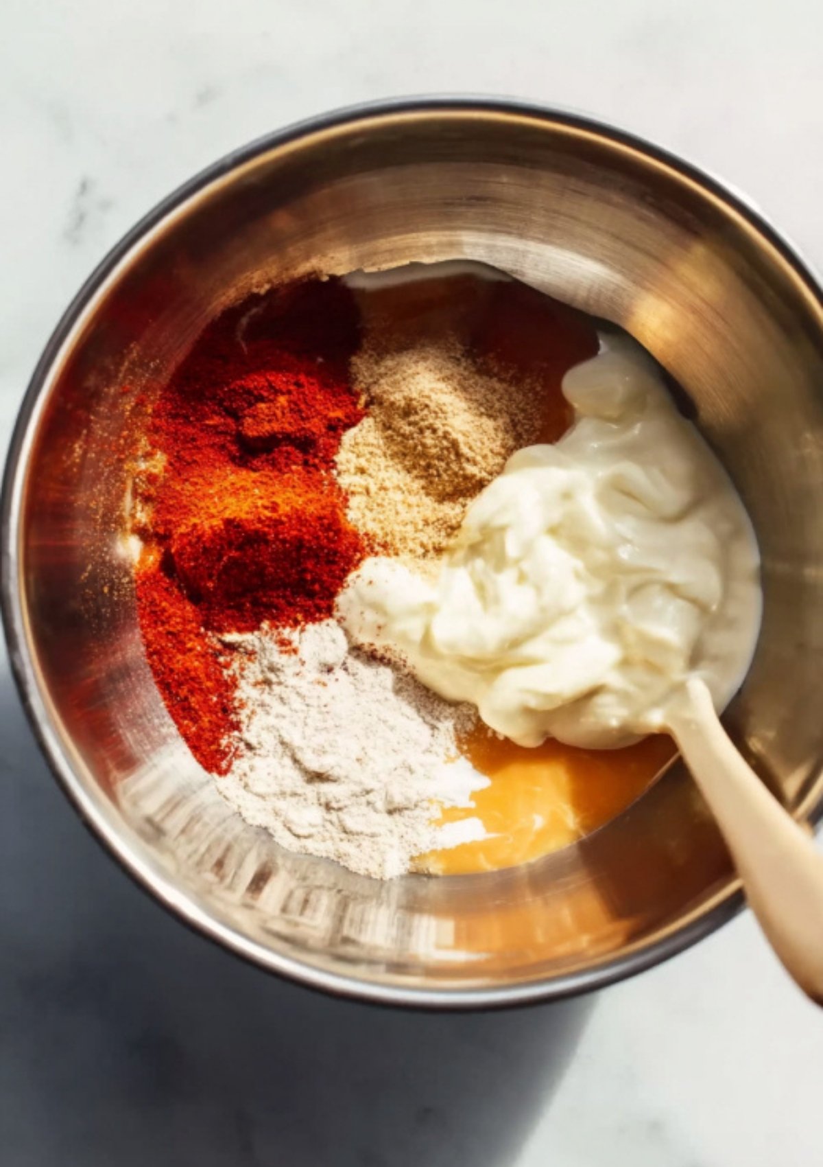 Metal mixing bowl with mayonnaise, spices, and sour cream about to be blended into a creamy, zesty sauce for crispy fish tacos.