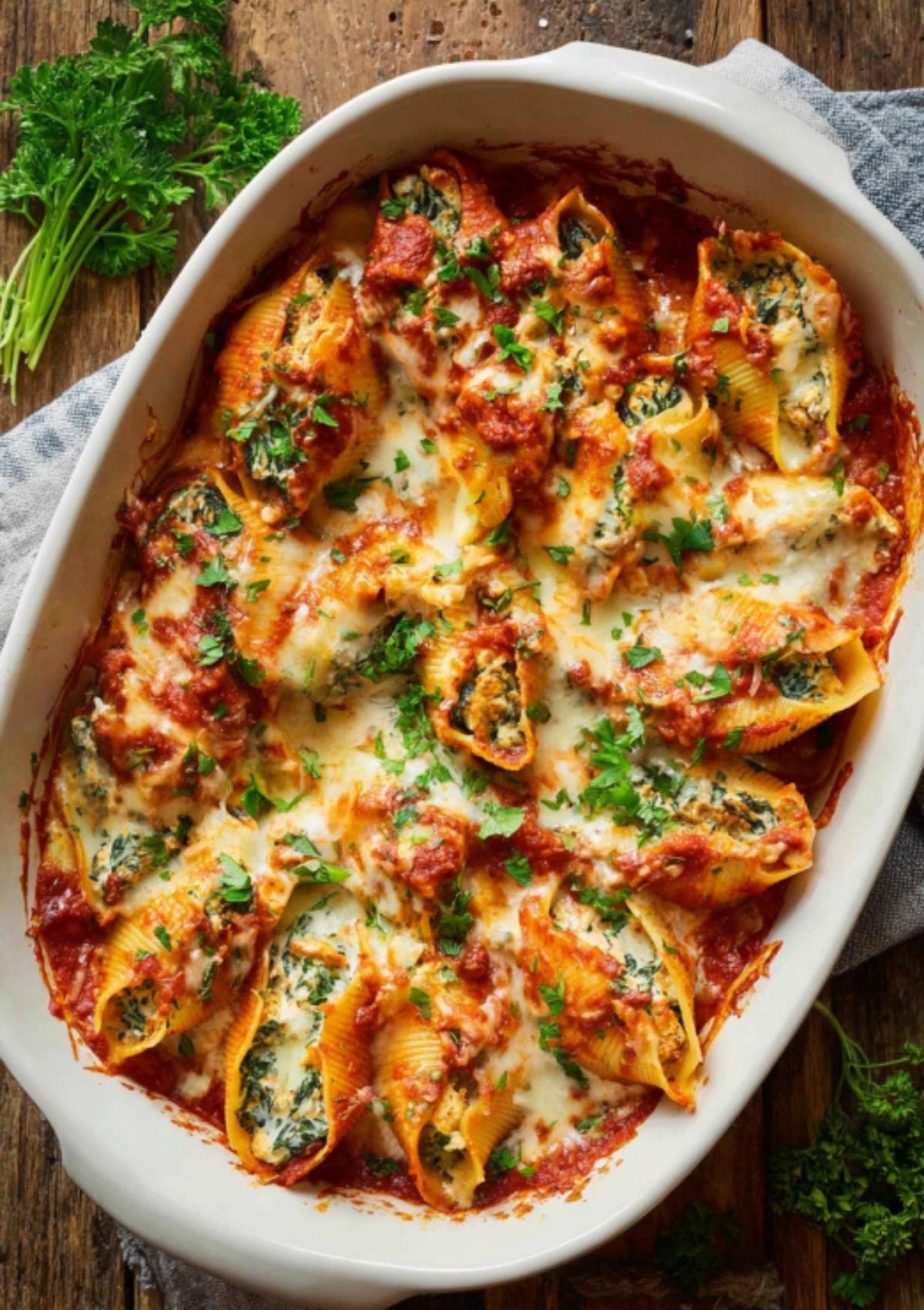 Baking dish filled with golden, cheesy stuffed shells, topped with marinara sauce and chopped parsley for a cozy Italian-inspired dinner.