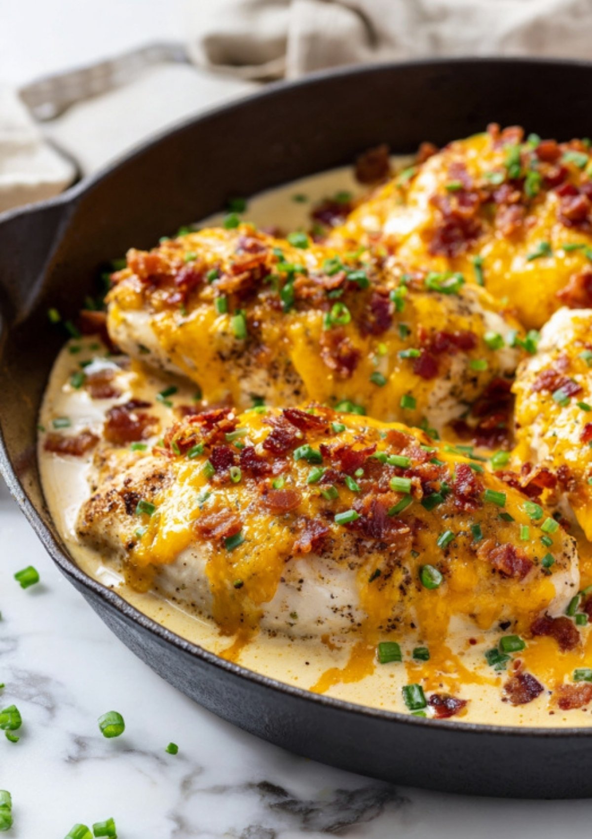 Chicken breasts baked in creamy ranch sauce with melted cheddar and crispy bacon, ideal for low carb and comfort food lovers.