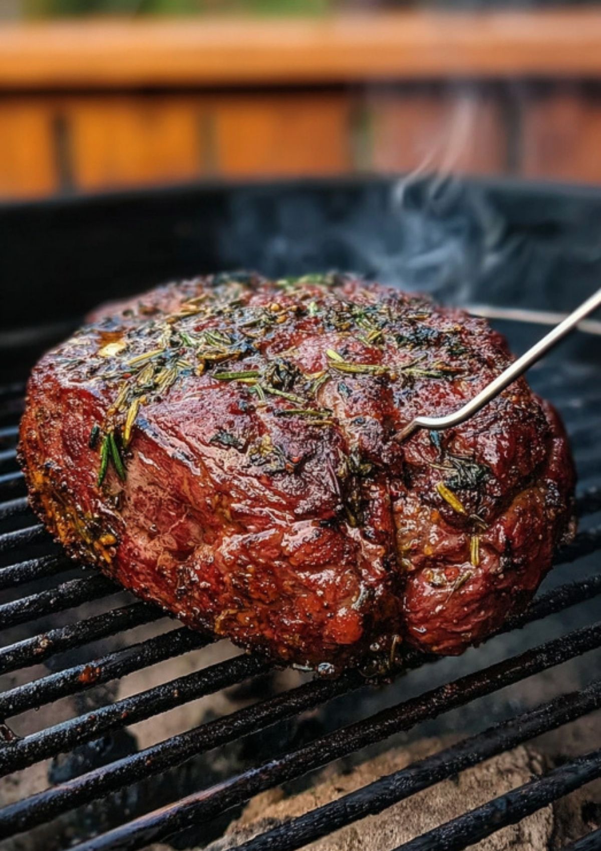 Whole chuck roast grilling with a meat thermometer—smoky, flavorful beef perfect for outdoor cooking and summer grilling.