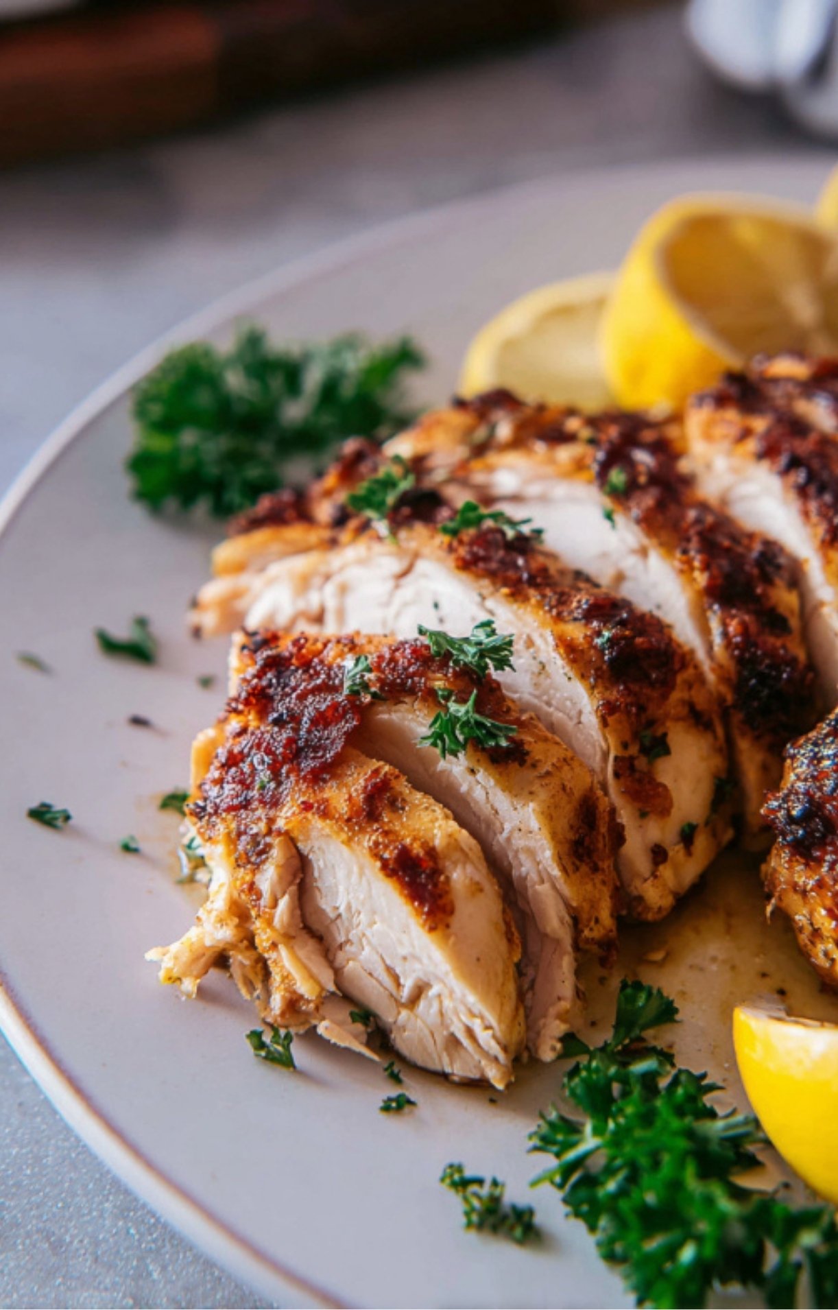 Close up of juicy sliced roast chicken breast on plate with lemon wedges and parsley, ideal for healthy meal prep