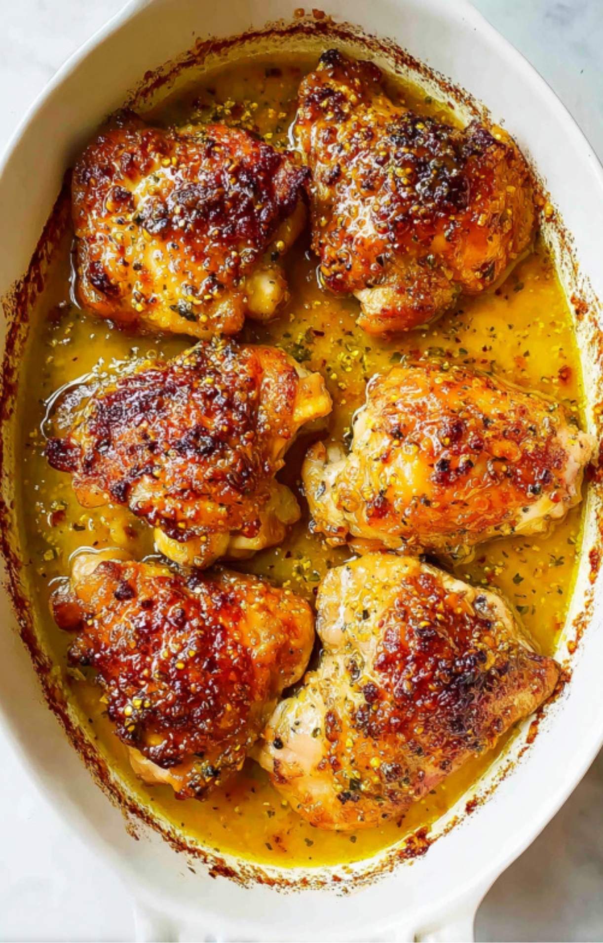 Six baked chicken thighs in golden honey mustard sauce, crisp and juicy, in white baking dish
