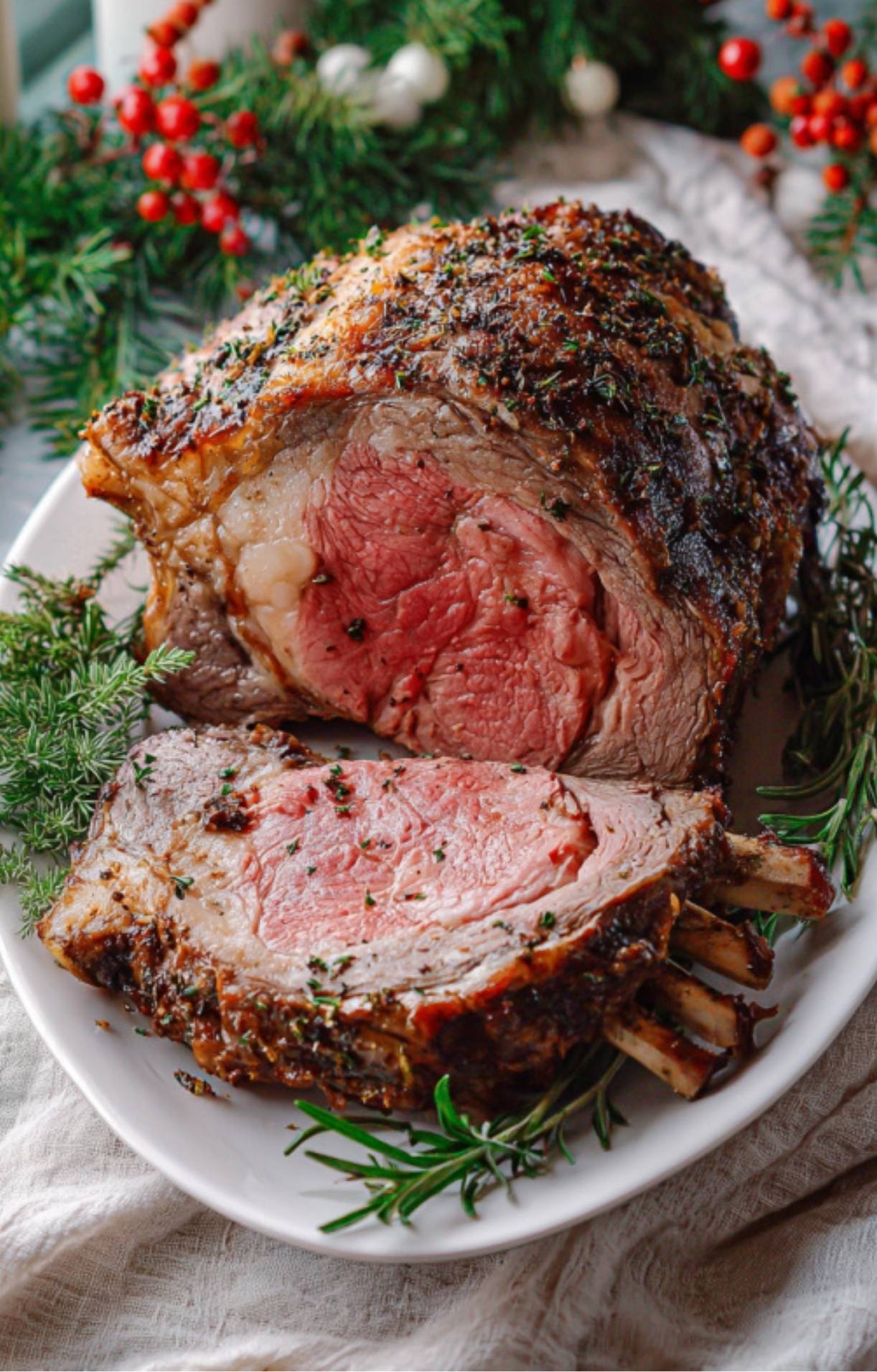 Prime rib roast with a festive herb crust, sliced and ready to serve, surrounded by holiday greenery.