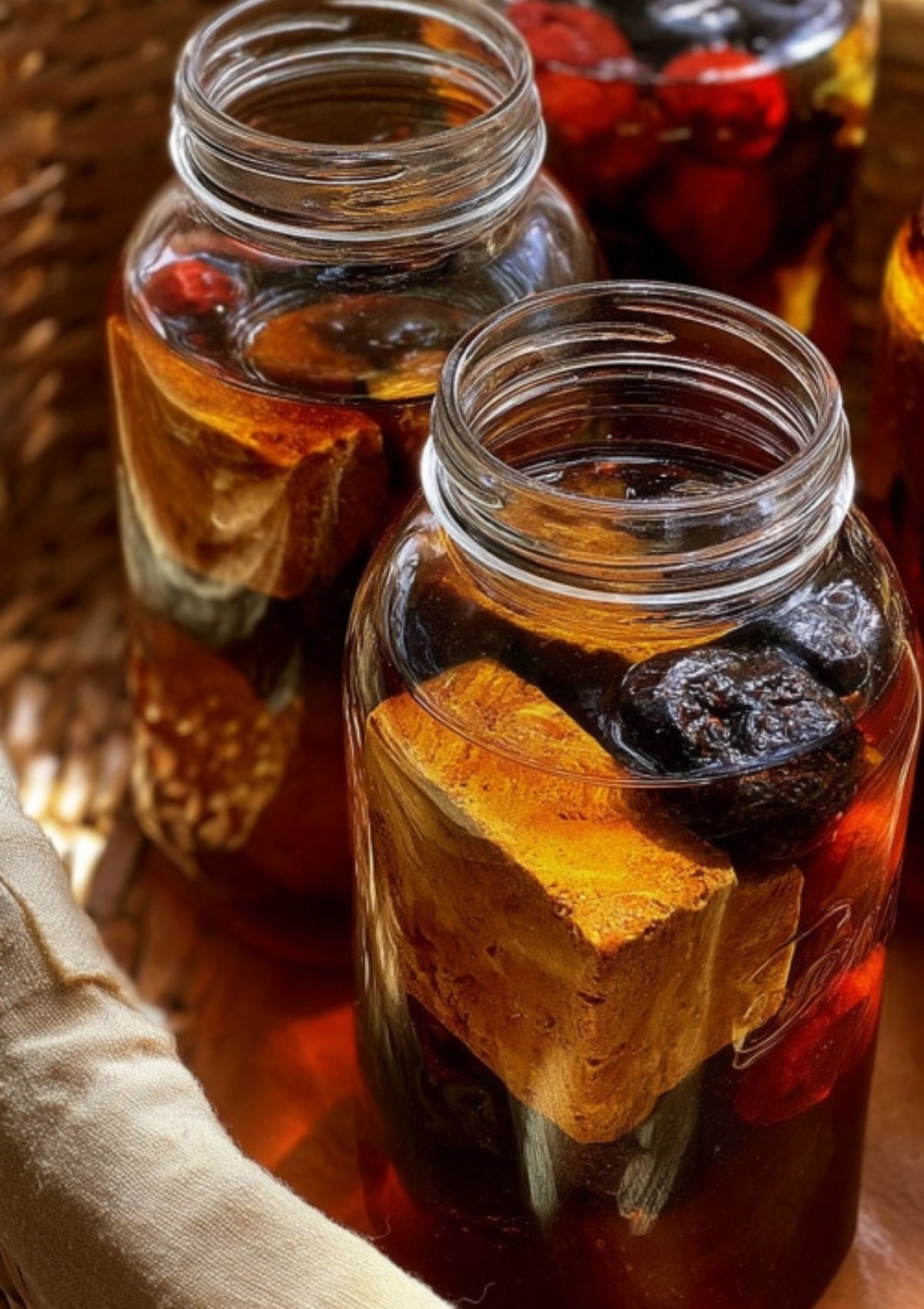 Glass jars filled with large chunks of meju blocks and dried fruits, steeping in brine to age and infuse flavor for traditional soy sauce.