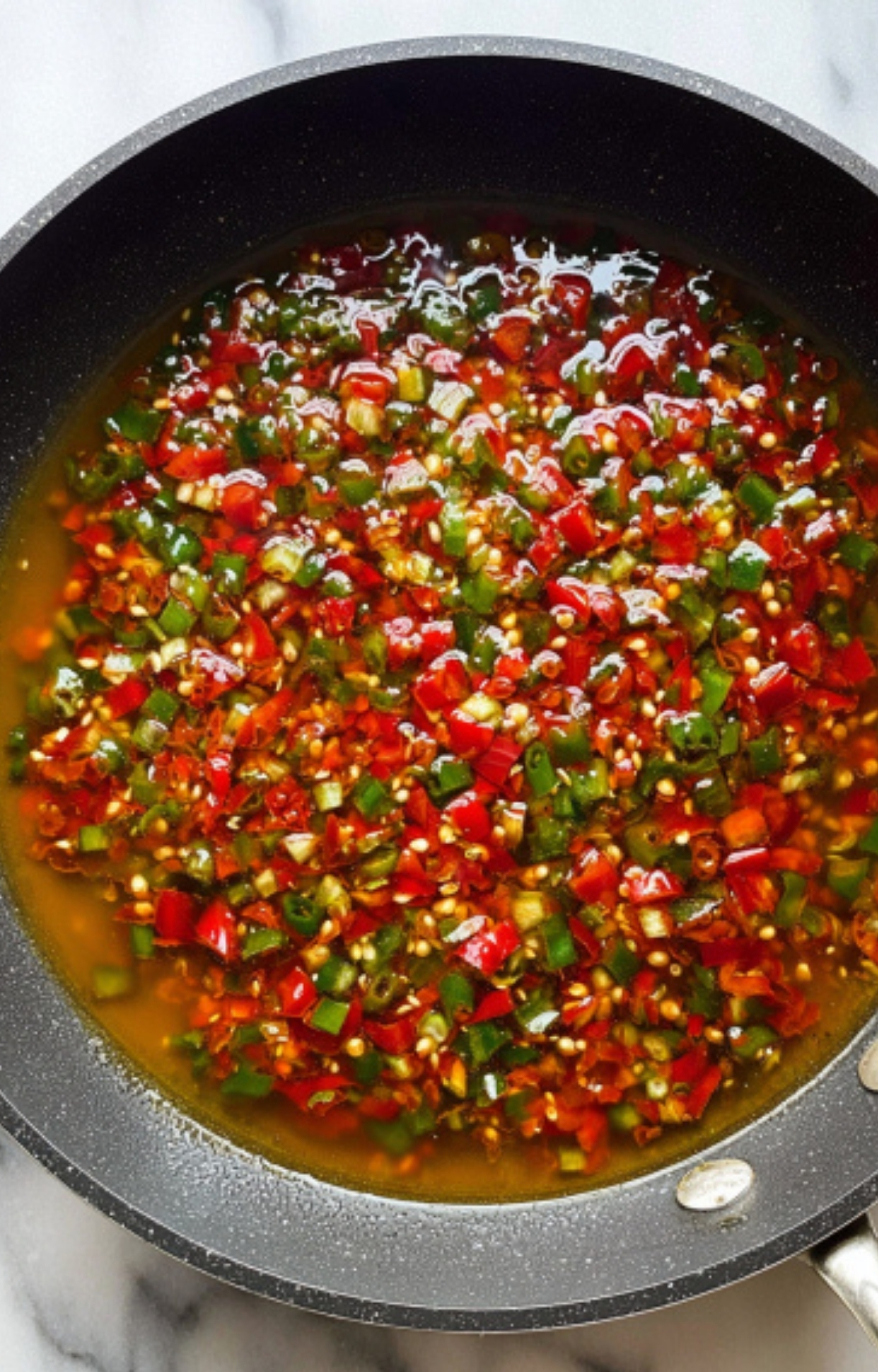 Close-up of chunky, spicy Chinese chili sauce in a black pan, loaded with red and green peppers.