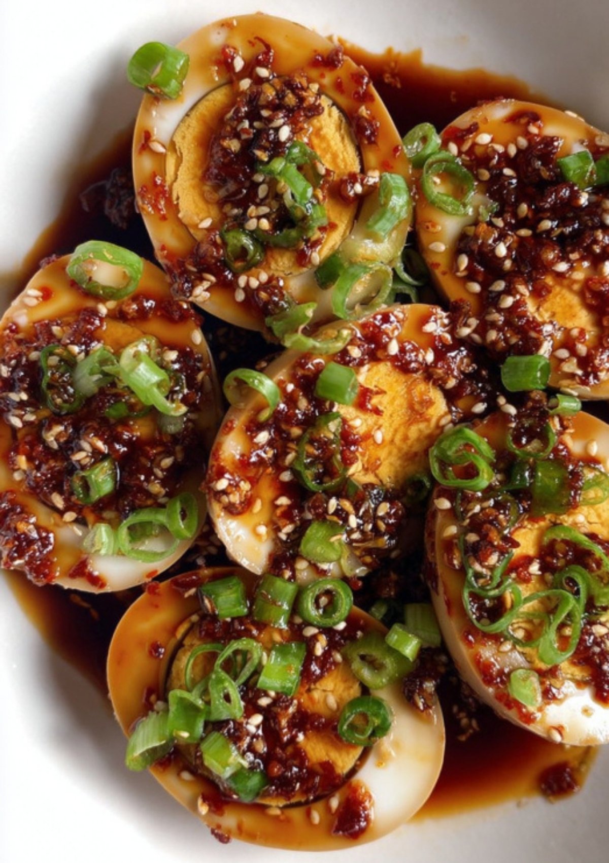 Halved soy-marinated eggs topped with chili oil, sesame seeds, and sliced green onions in a shallow dish.