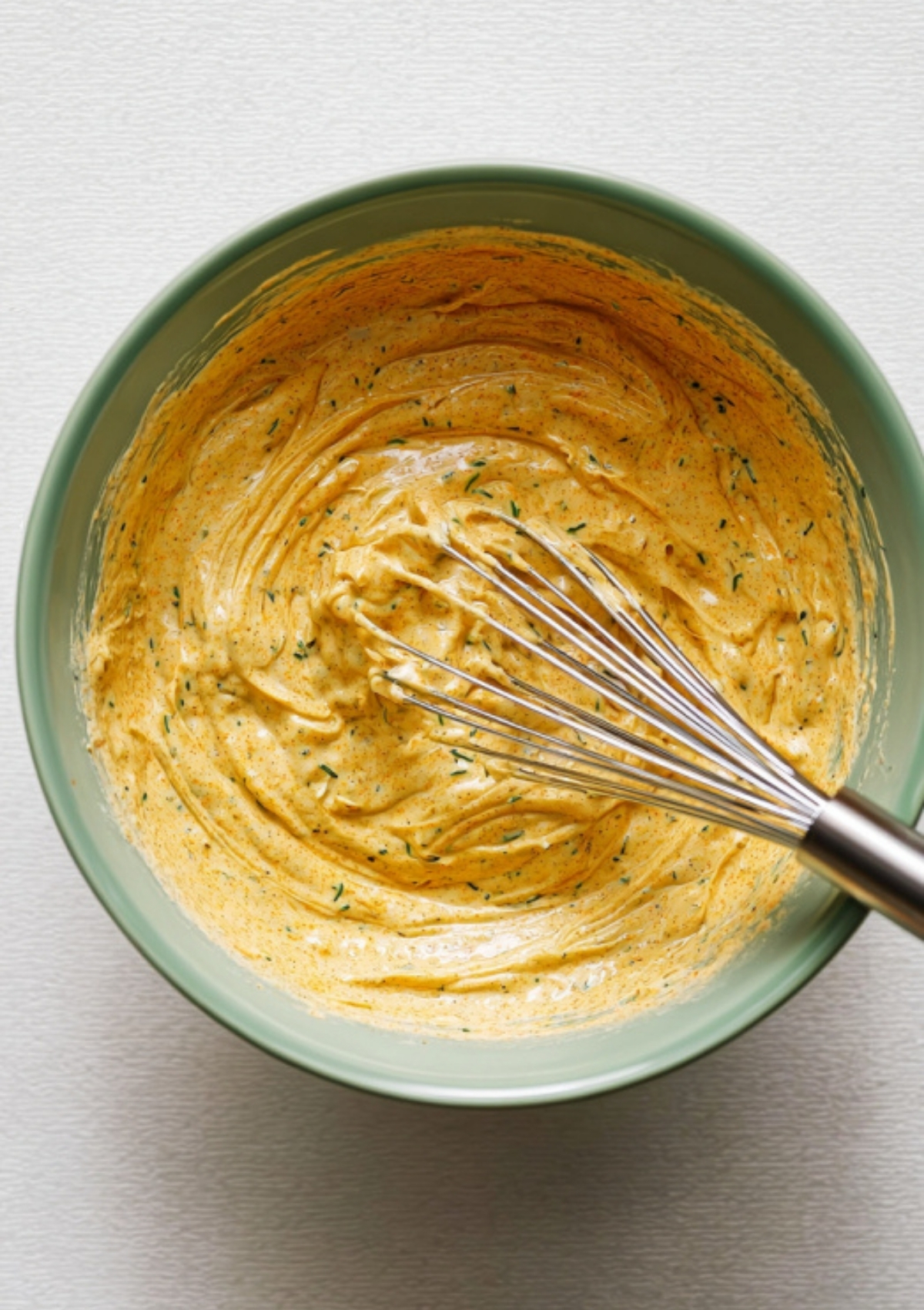 Overhead view of a green bowl filled with creamy tofu egg salad dressing, whisked until smooth with visible herbs and spices.