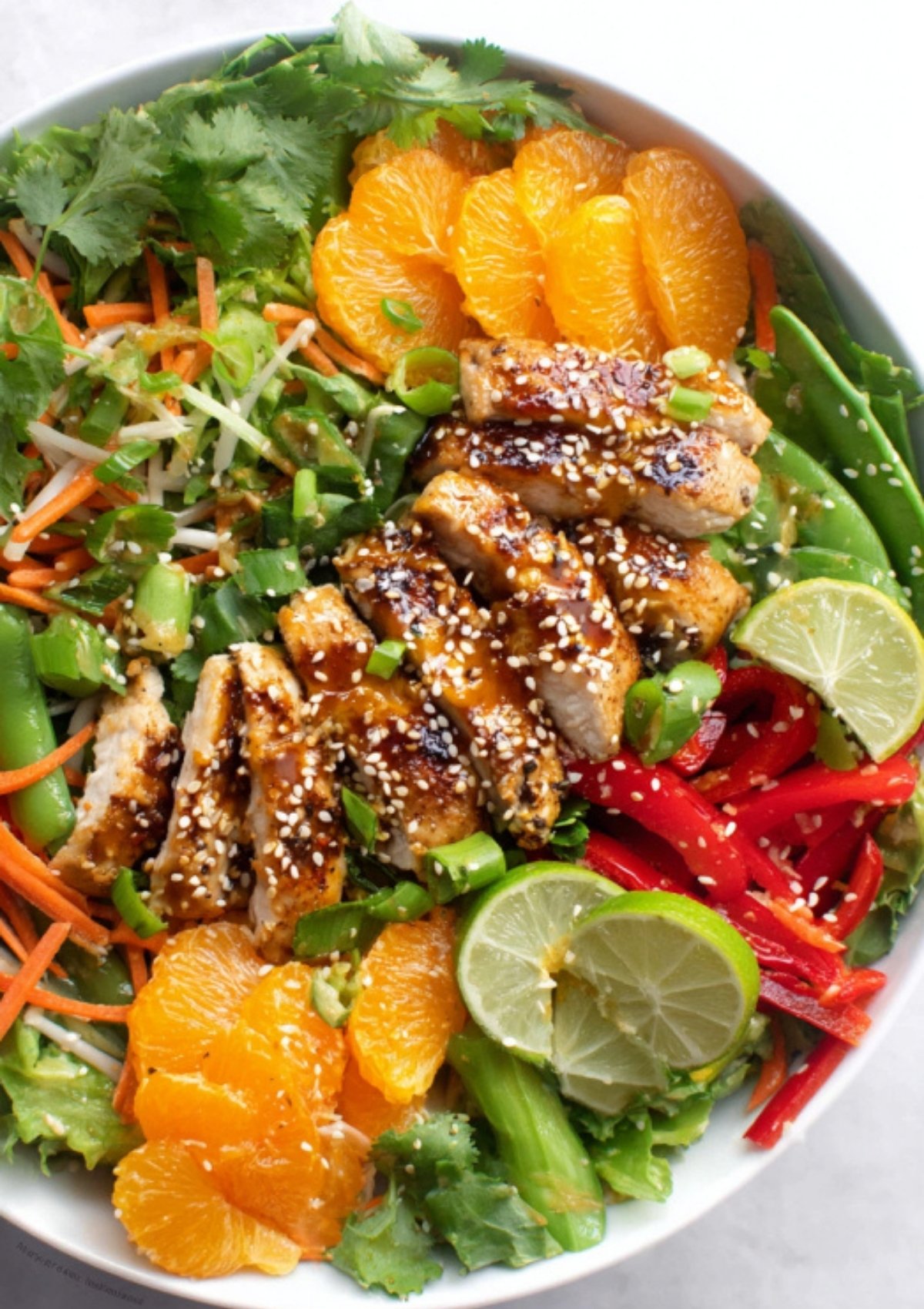 Bowl of Asian chicken salad with sliced chicken, mandarins, peppers, greens, and soy ginger dressing. Bright, fresh recipe idea for healthy lunches.