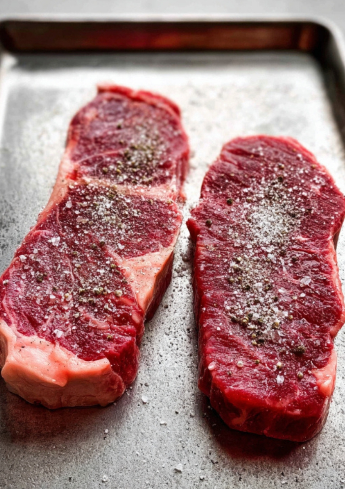 Two raw New York strip steaks seasoned with salt and pepper on a tray. Ideal for steak prep, cast iron steak, and beginner friendly steak recipes.