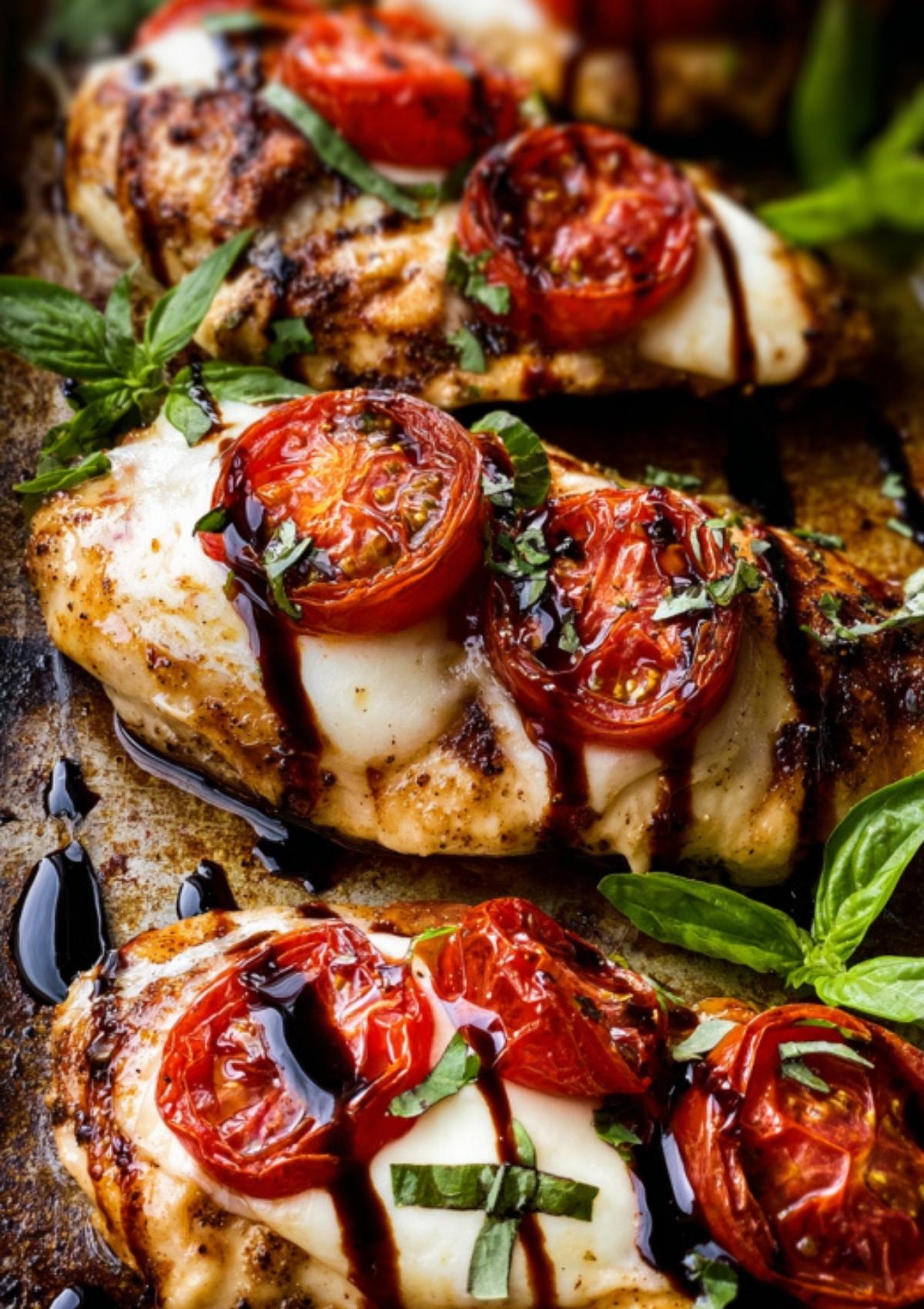 Baked chicken breast topped with roasted tomato, melted mozzarella, fresh basil, and balsamic glaze for a classic Caprese dinner.