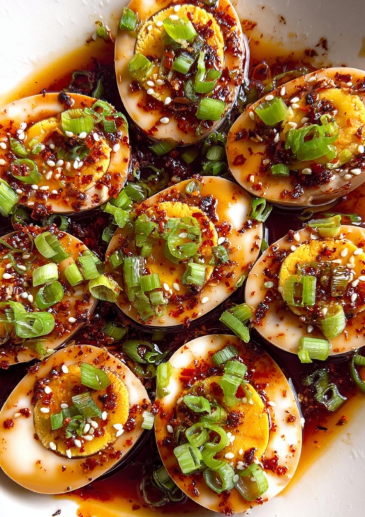 Bowl filled with halved marinated eggs, generously garnished with chili oil, sesame seeds, and chopped scallions.