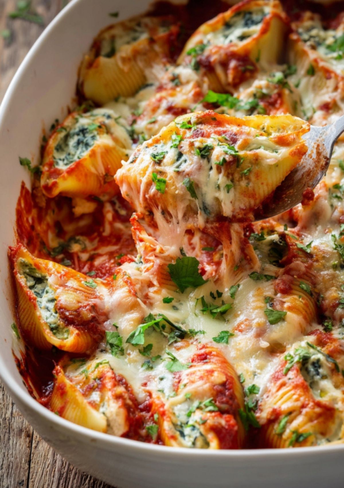 Close-up of jumbo pasta shells stuffed with chicken, spinach, and cheese, baked in marinara sauce and topped with melted mozzarella.