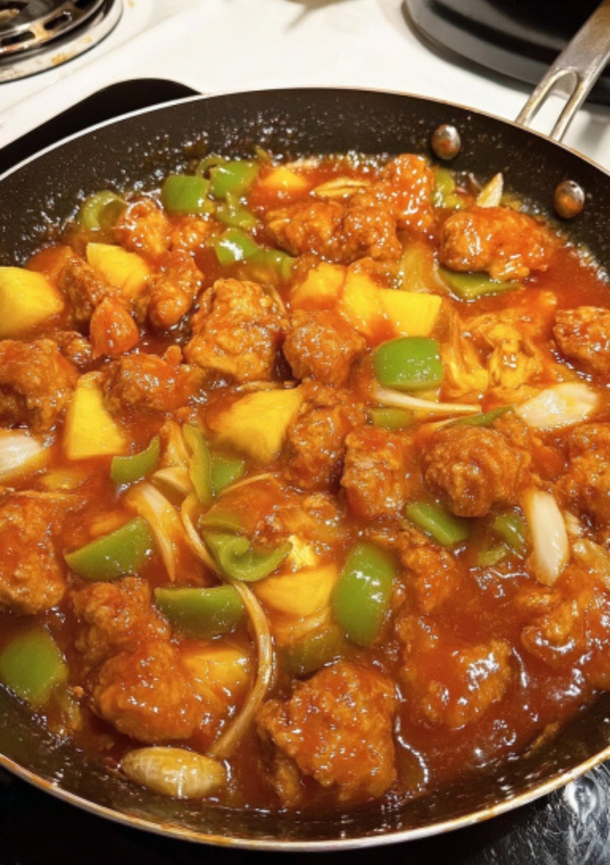 Sweet and sour pork in a skillet with pineapple, bell peppers, onions, and crispy pork in glossy sauce.