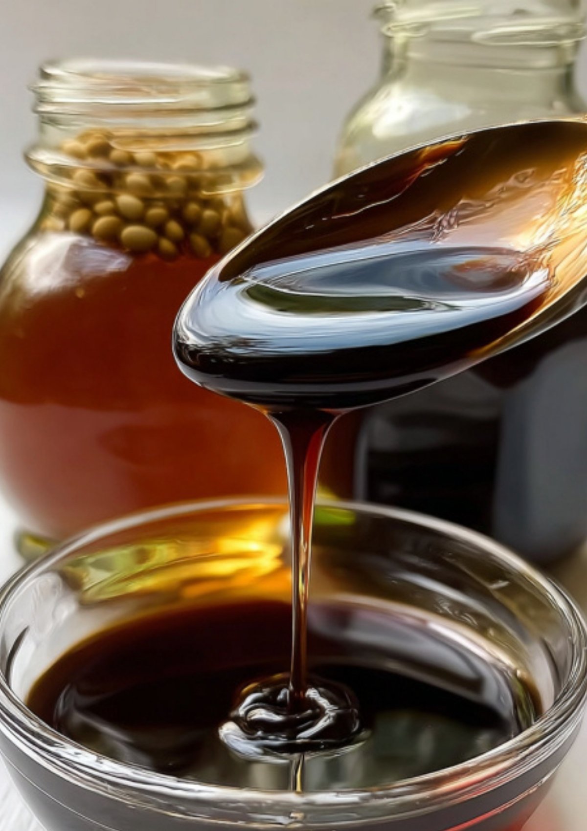 Close-up of a spoon drizzling thick, homemade soy sauce into a glass bowl, with jars of soybeans and brine in the background.
