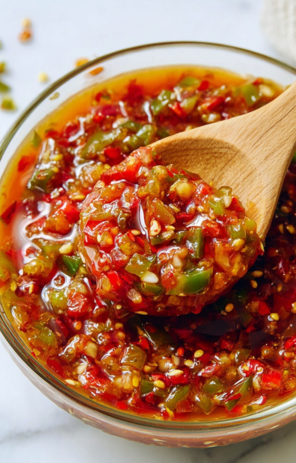 A glass bowl filled with vibrant homemade Asian chili sauce, packed with chopped red and green chilies, garlic, and seeds in hot infused oil, with a wooden spoon scooping up the chunky, spicy mixture.